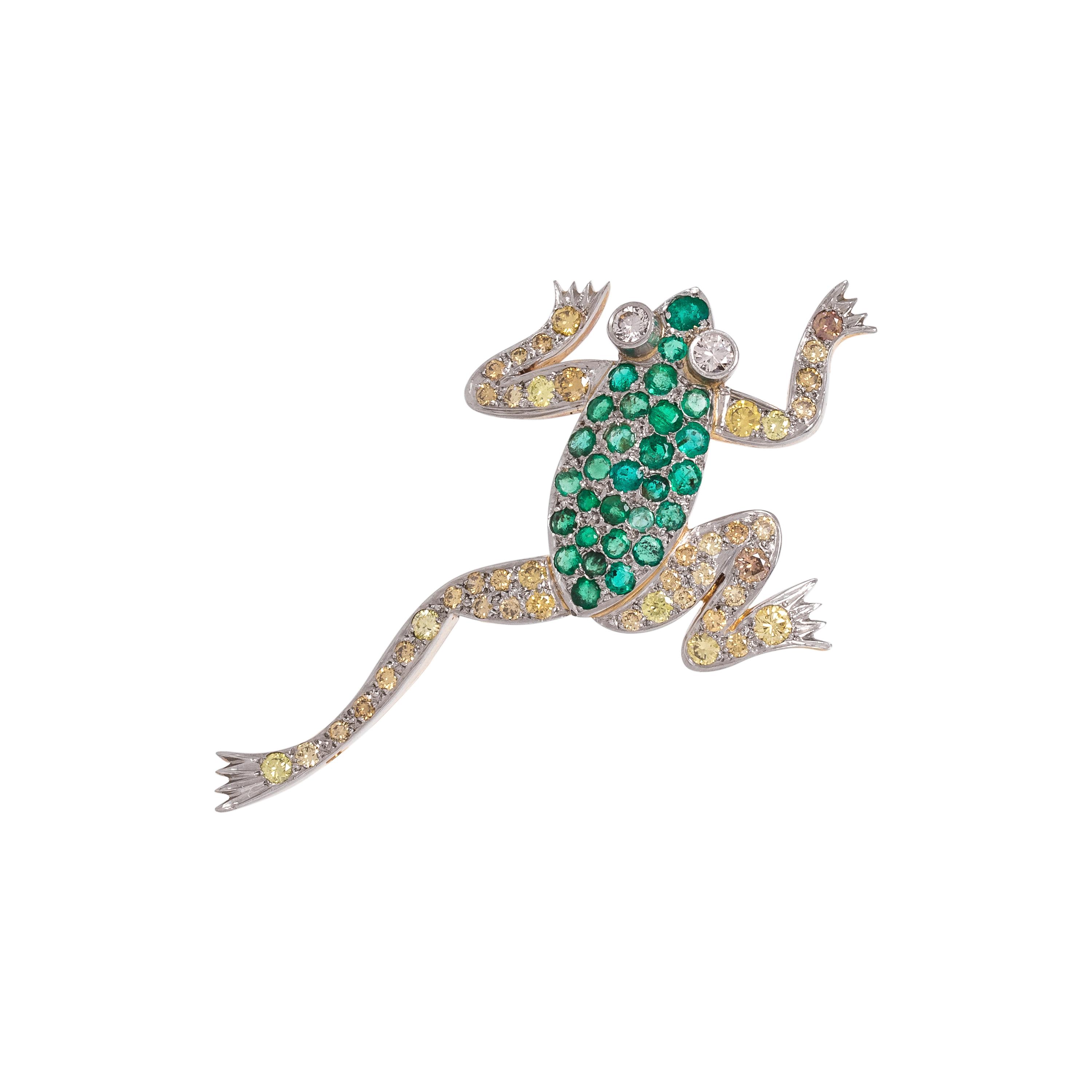 DIAMOND, COLORED DIAMOND AND EMERALD FROG BROOCH