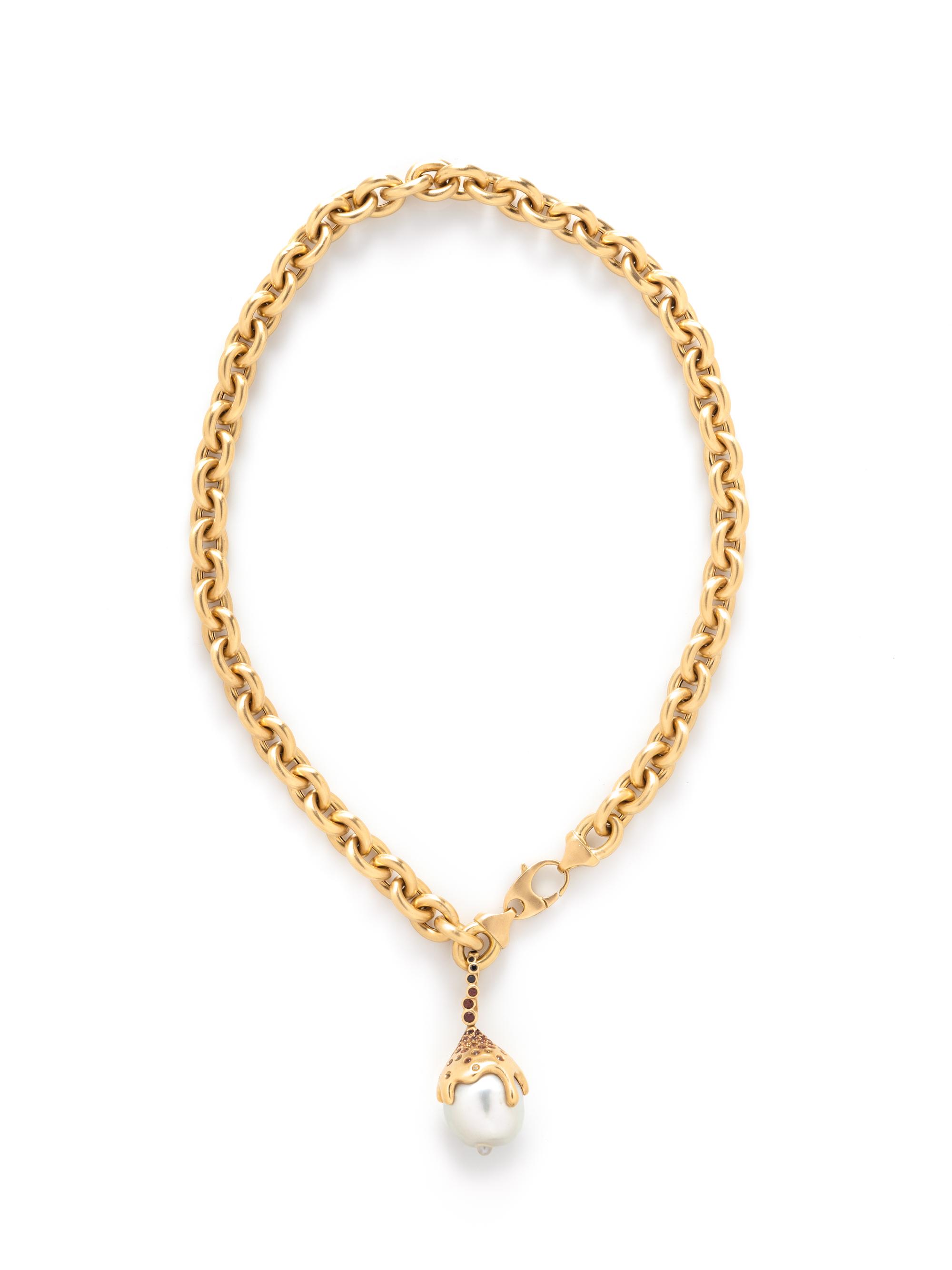 YELLOW GOLD, BAROQUE SOUTH SEA CULTURED PEARL, AND MULTIGEM NECKLACE