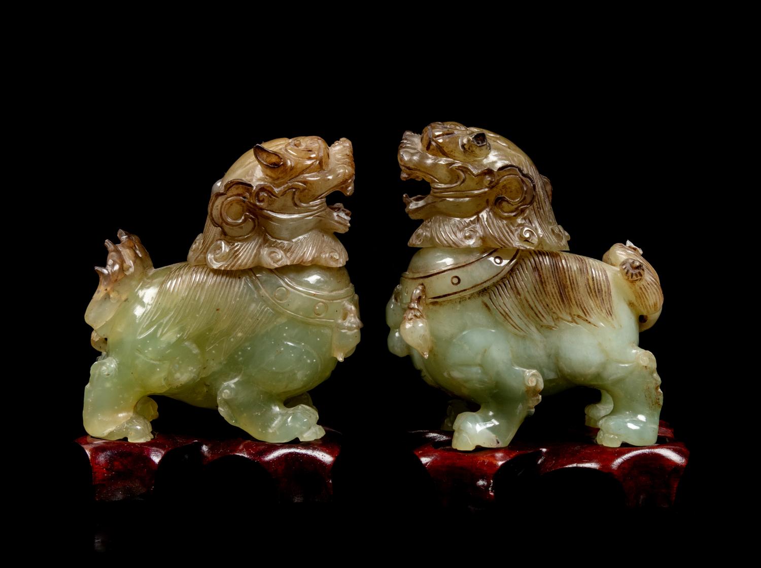 A Pair of Chinese Jade and Serpentine Fu Lion Censers