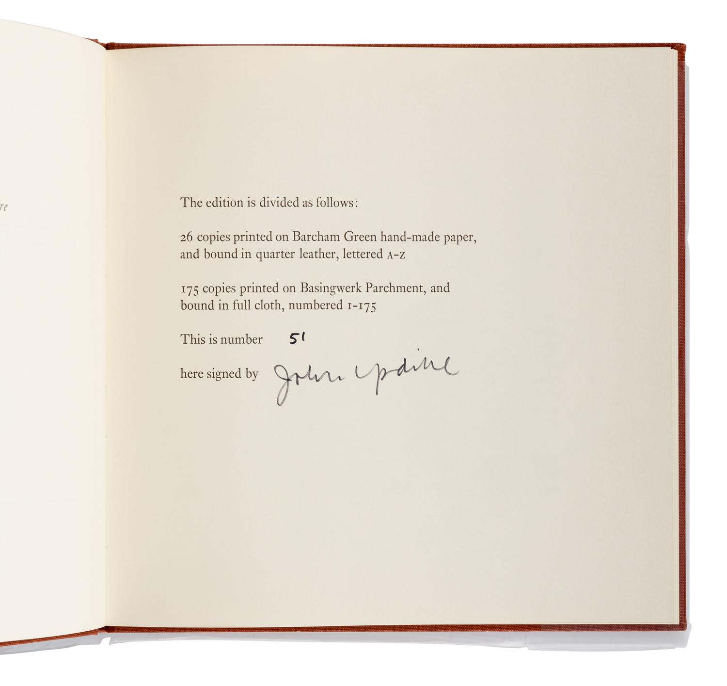 UPDIKE, John (1932-2009). A group of 10 fine press limited editions of Updike’s works, MANY SIGNED, comprising: