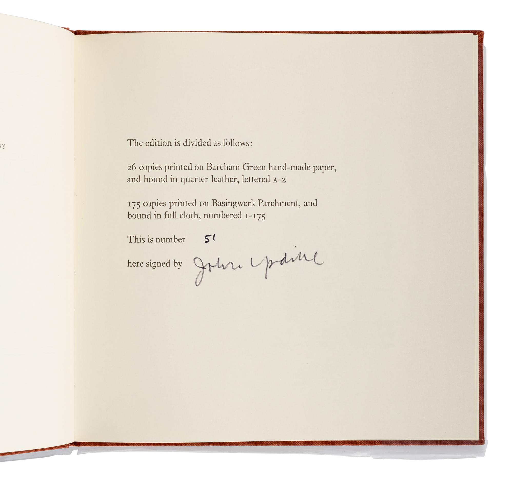 UPDIKE, John (1932-2009). A group of 10 fine press limited editions of Updike’s works, MANY SIGNED, comprising: