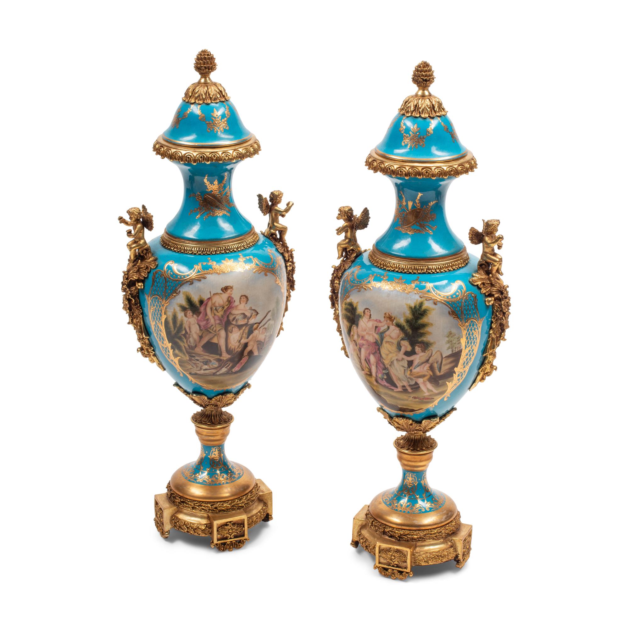 A Pair of Large Sèvres Style Porcelain and Gilt Bronze Mounted Vases and Covers