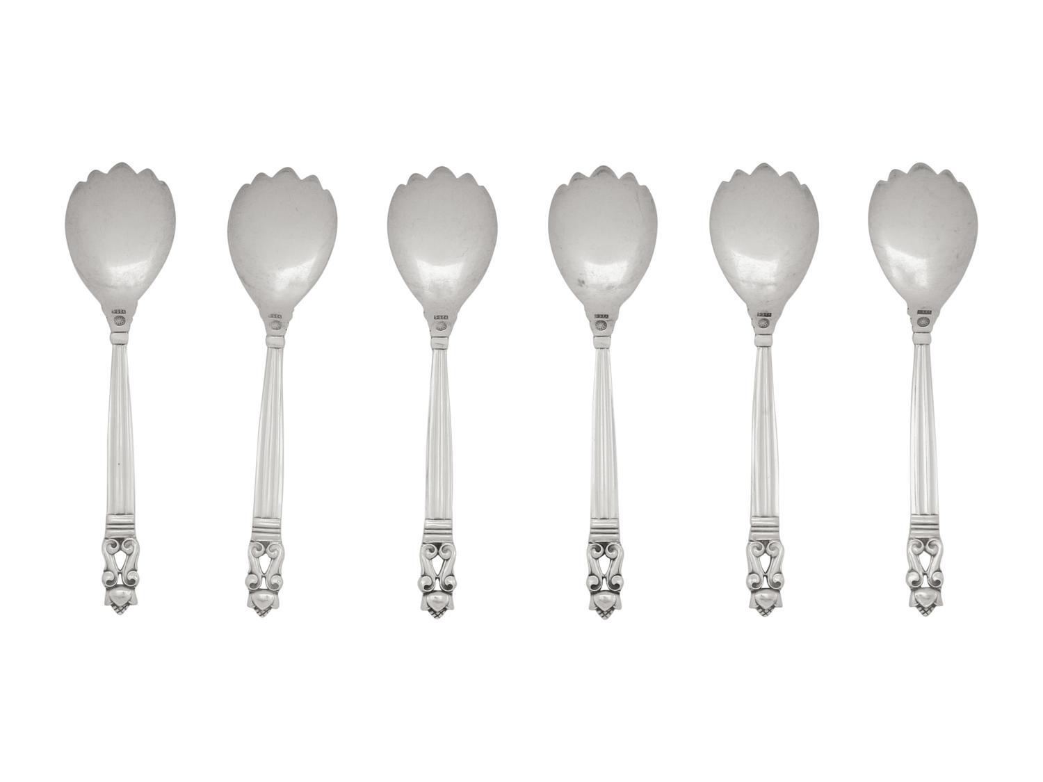 A Set of Six Georg Jensen Acorn Silver Ice Cream Forks