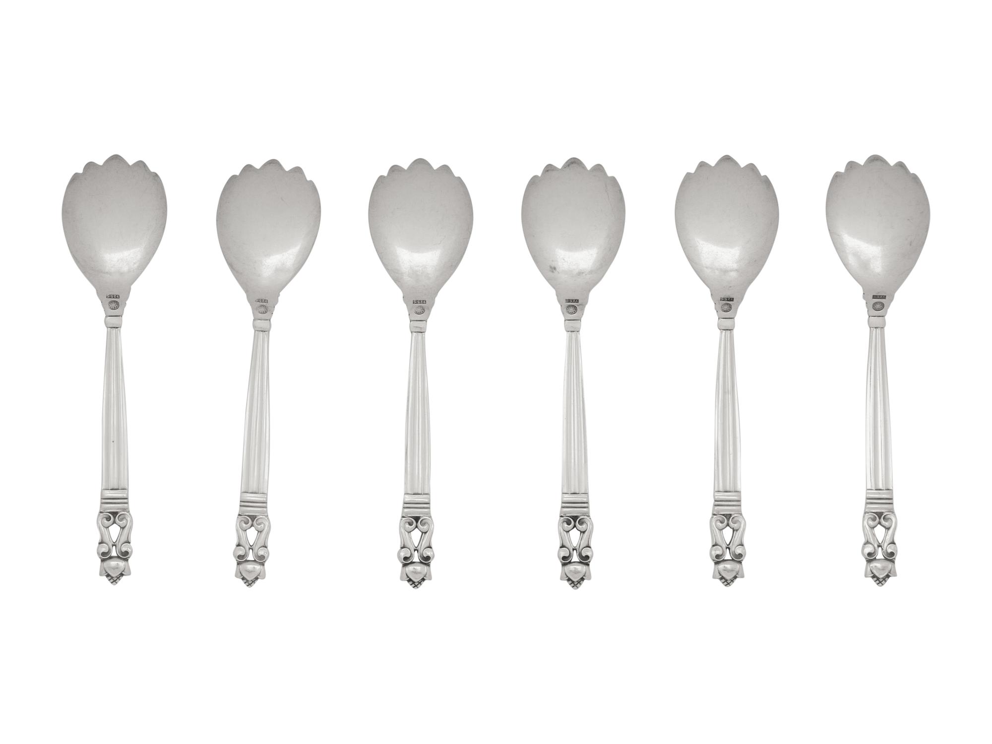 A Set of Six Georg Jensen Acorn Silver Ice Cream Forks