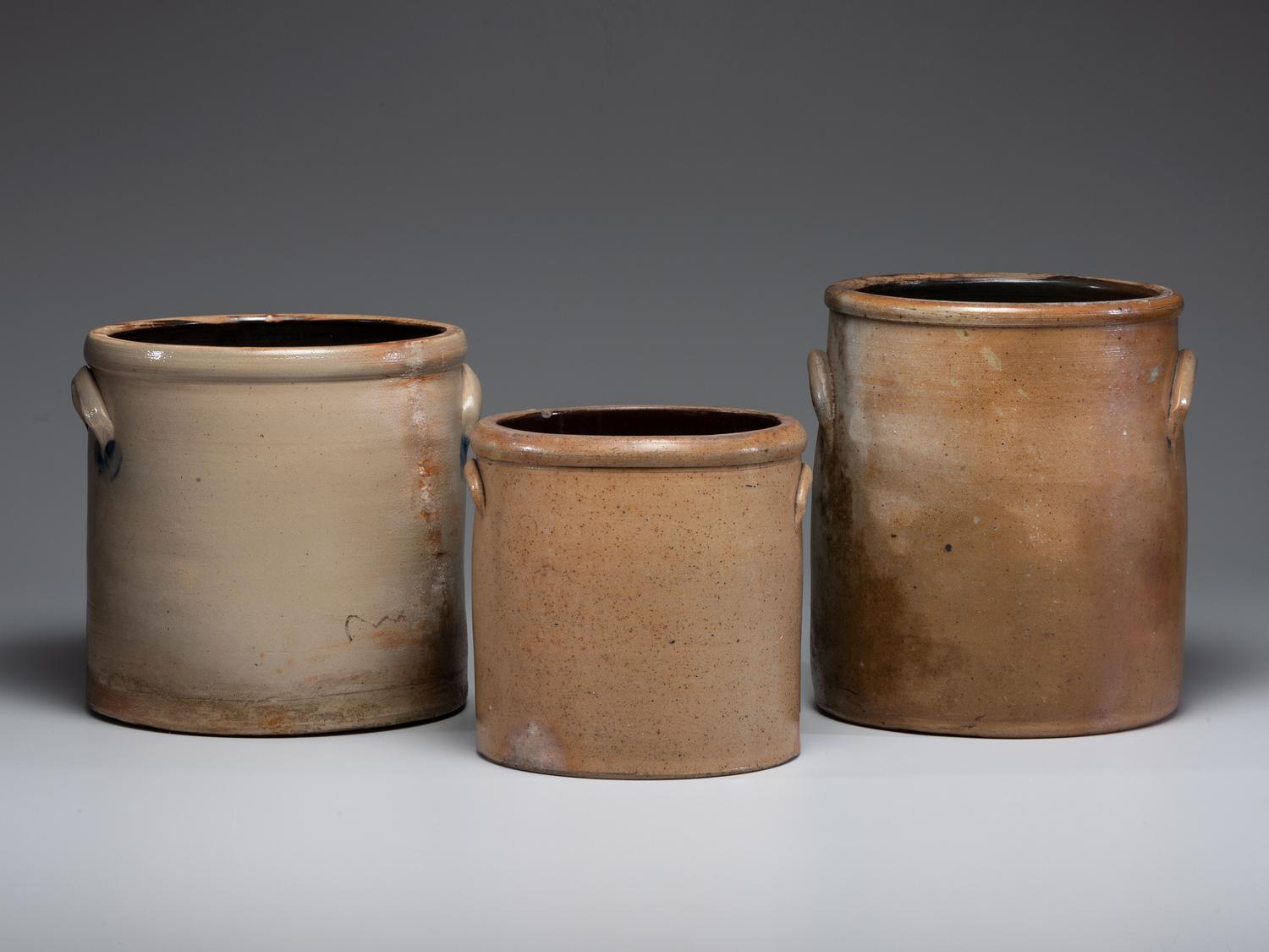 Three Cobalt Decorated Stoneware Crocks