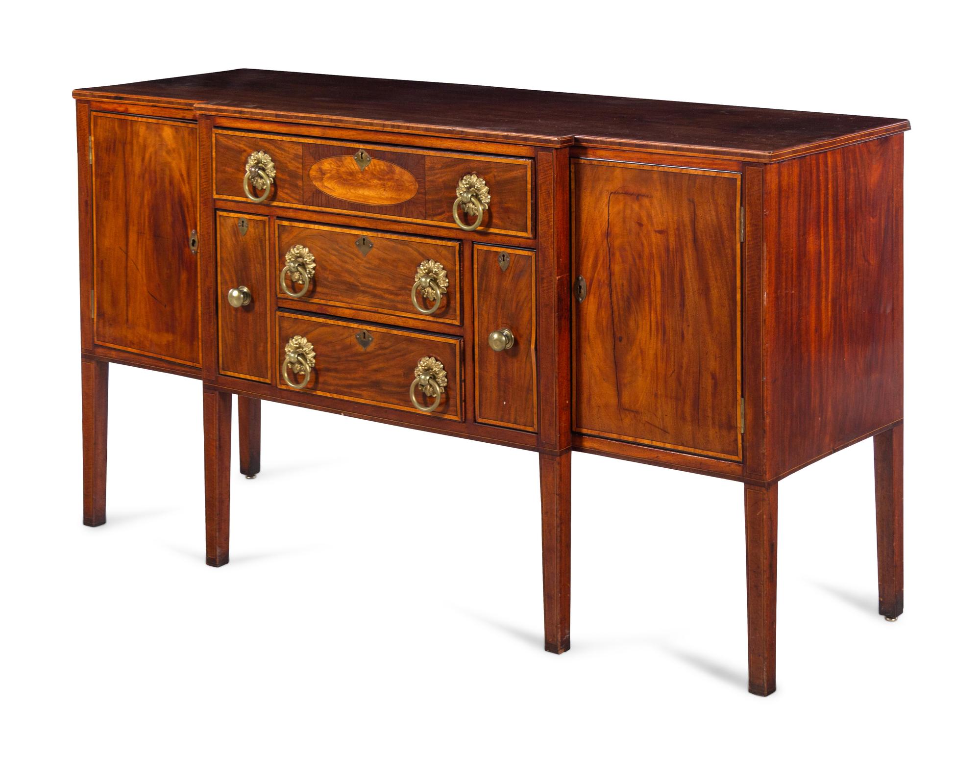 A Federal Mahogany, Birch and Satinwood Veneered Breakfront Sideboard
