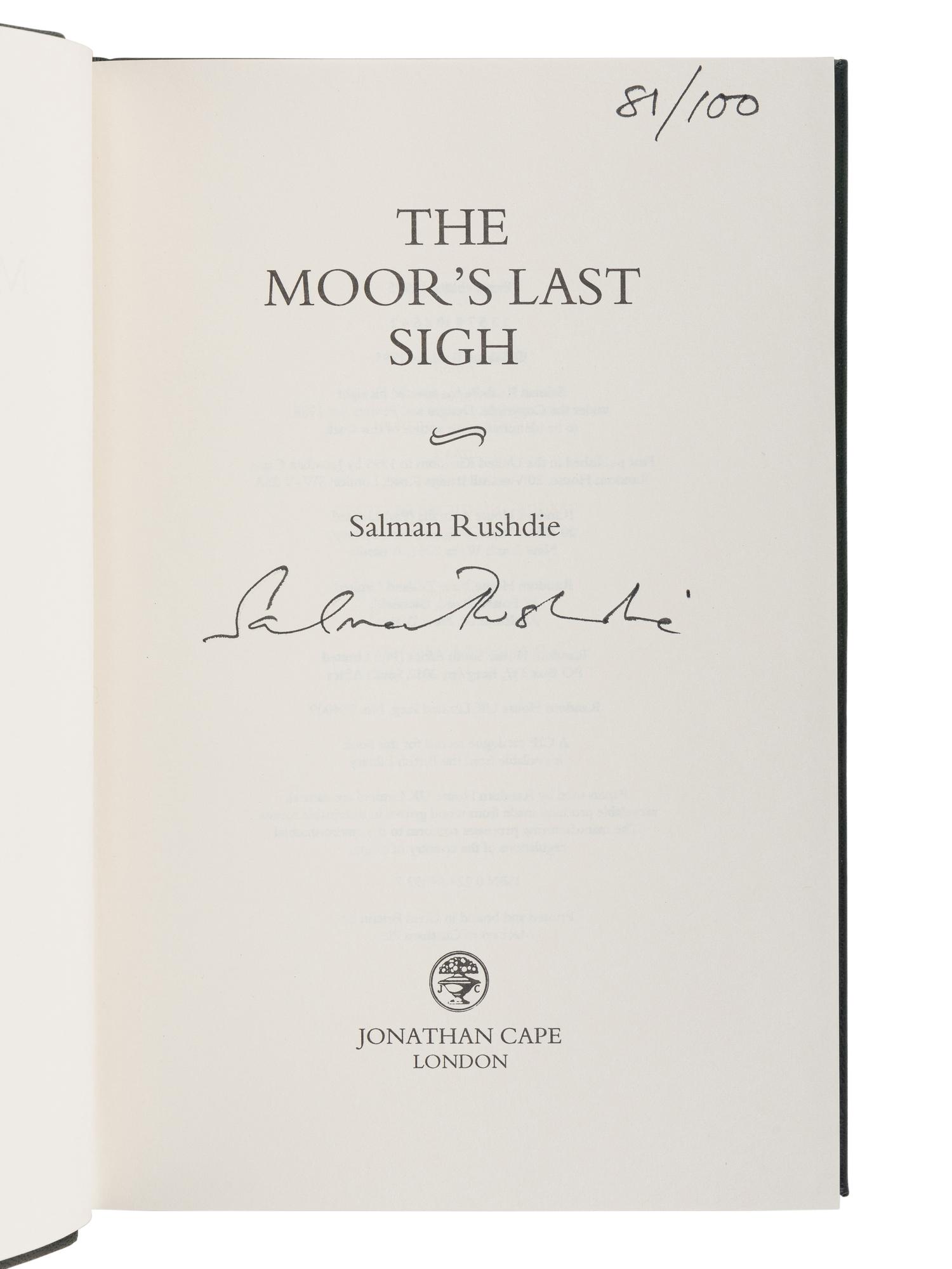 RUSHDIE, Salman (b. 1947). The Moor’s Last Sigh . London: Jonathan Cape, 1995.