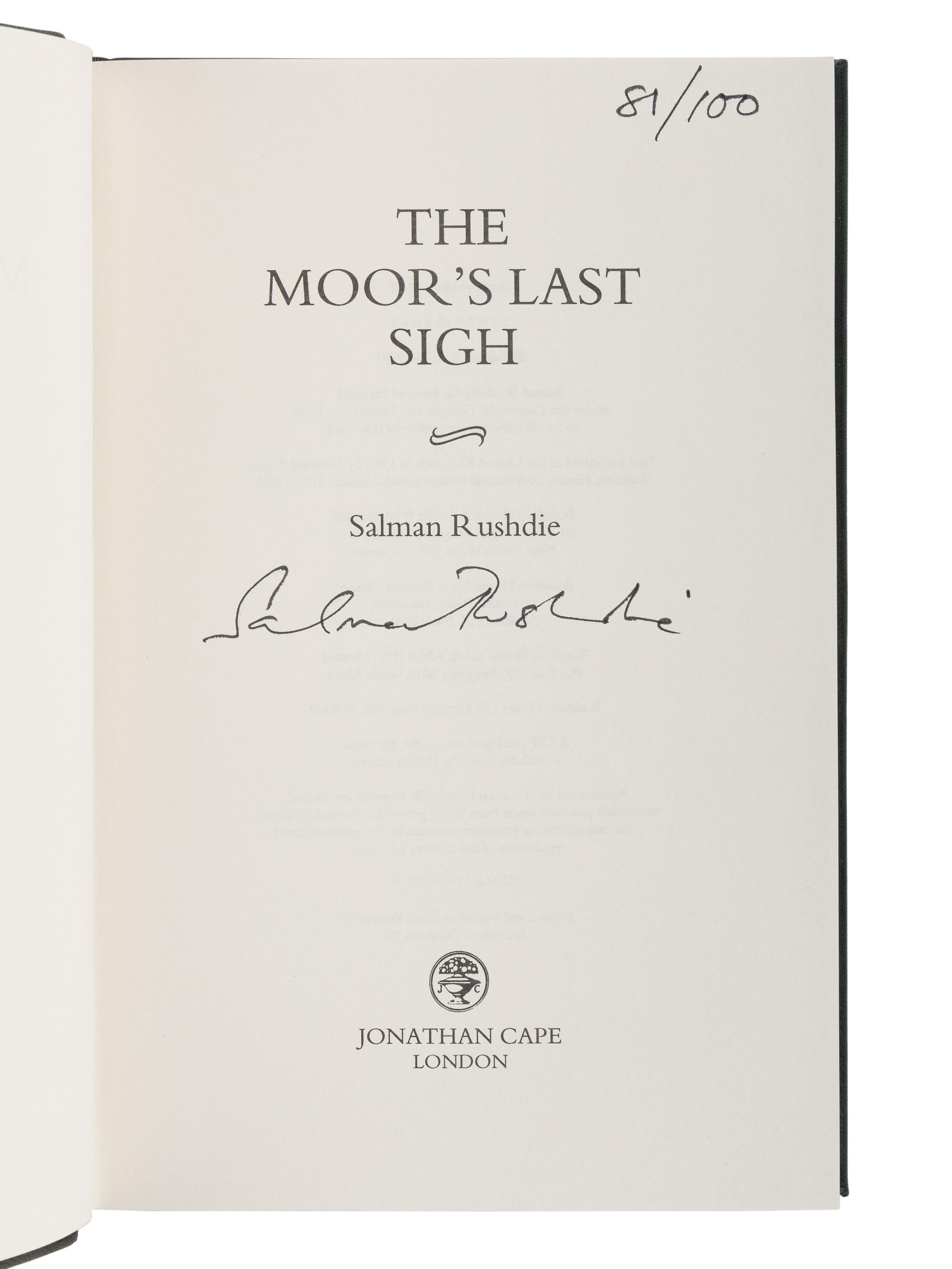 RUSHDIE, Salman (b. 1947). The Moor’s Last Sigh . London: Jonathan Cape, 1995.
