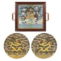 Two Chinese 'Dragon' Roundels and a First Military Rank Qilin Badge, 19th-Early 20th Century 清晚期 團龍紋綉片及補子一組三件