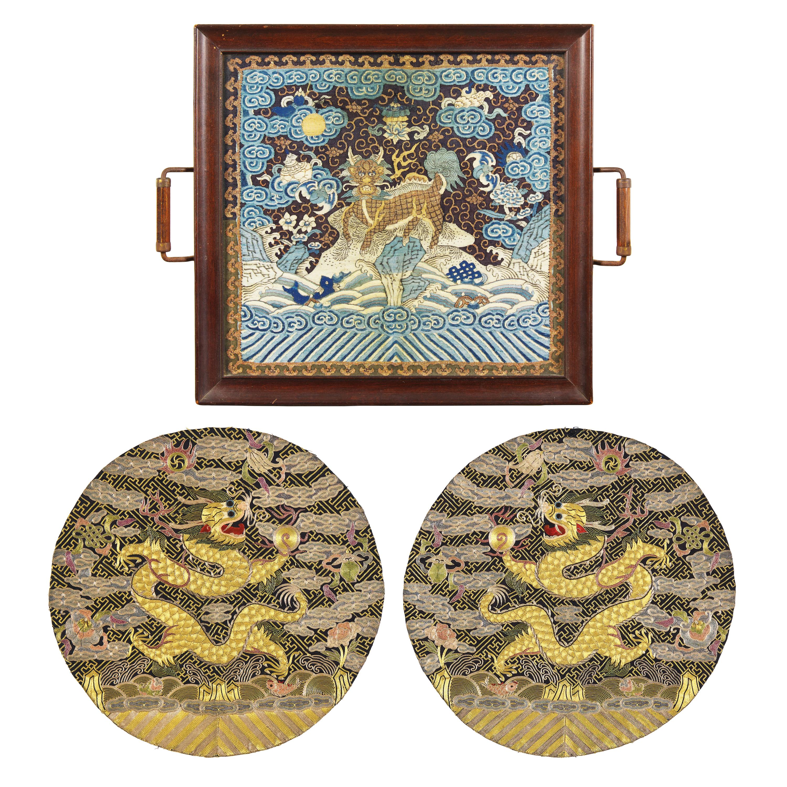 Two Chinese 'Dragon' Roundels and a First Military Rank Qilin Badge, 19th-Early 20th Century 清晚期 團龍紋綉片及補子一組三件