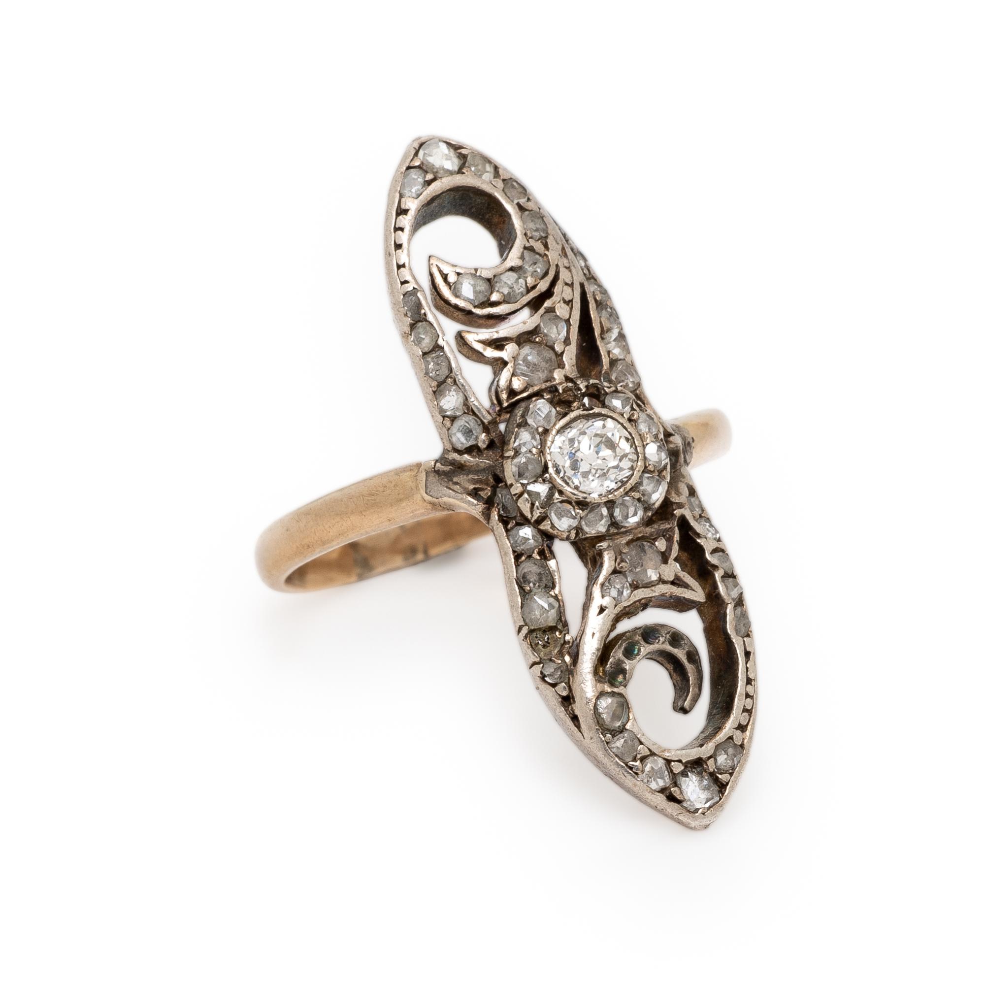 ANTIQUE, RUSSIAN, DIAMOND AND SILVER-TOPPED GOLD NAVETTE RING