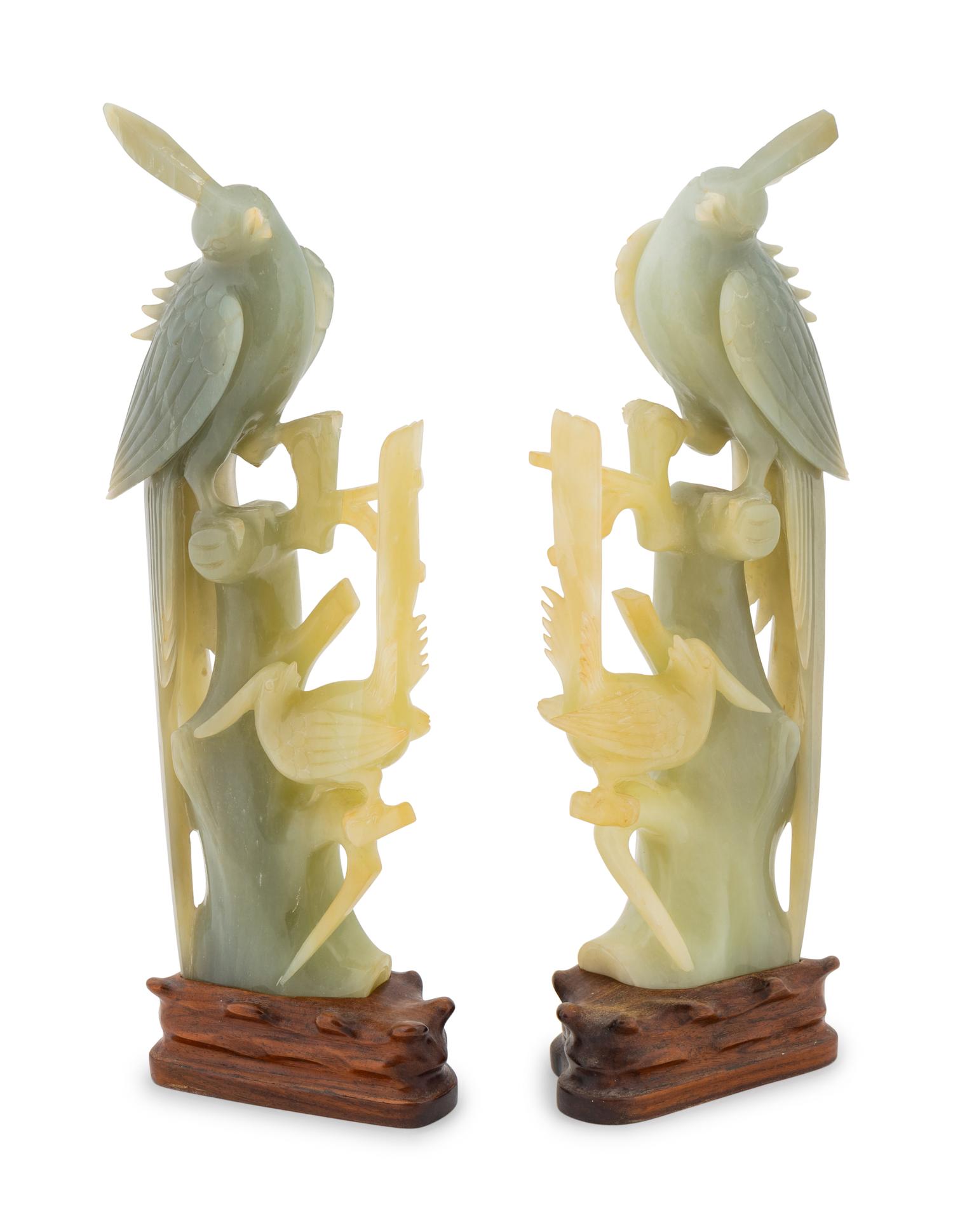 A Pair of Chinese Jadeite Birds Perched on Branches