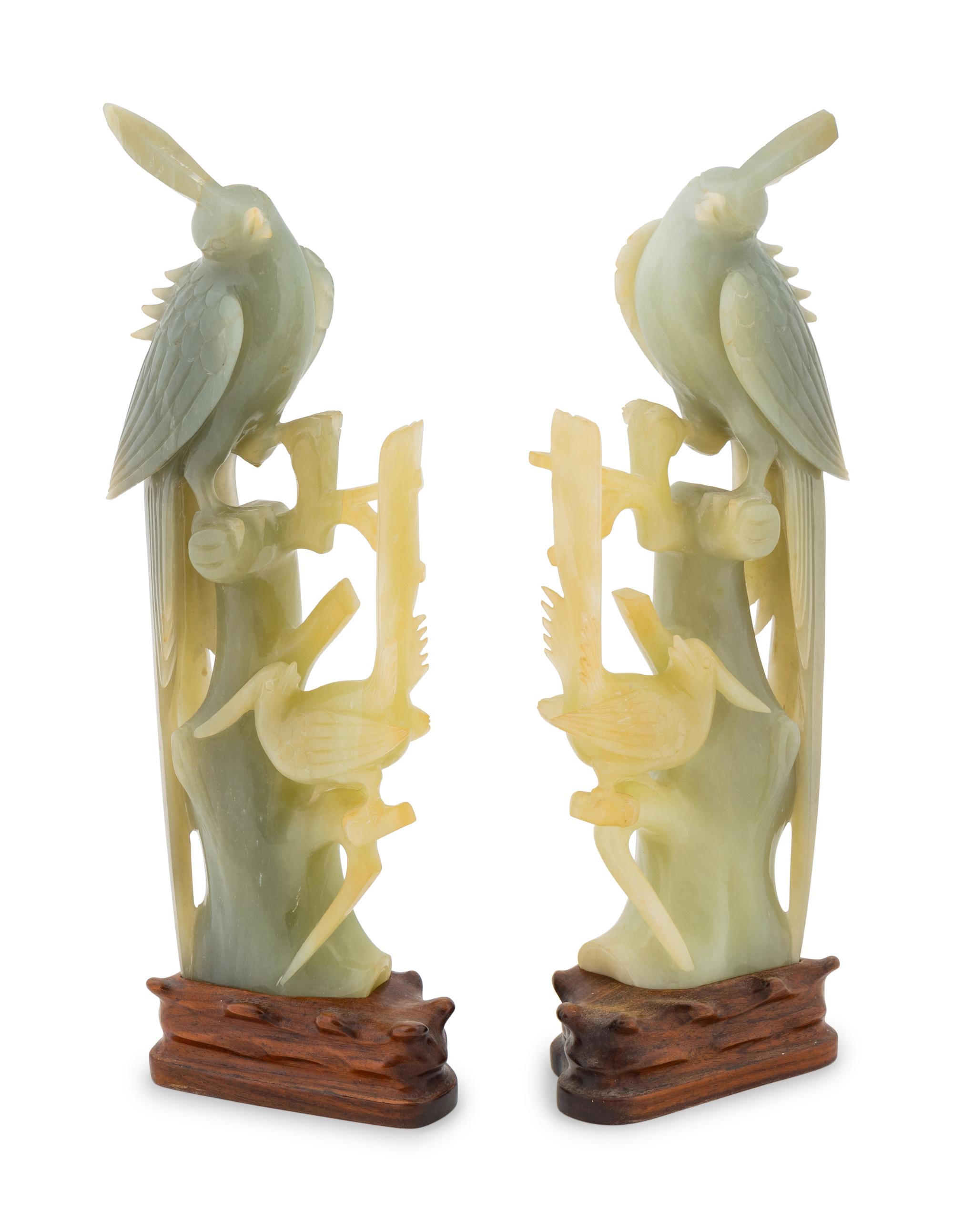 A Pair of Chinese Jadeite Birds Perched on Branches