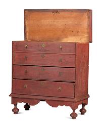 A William and Mary Red Painted Pine Two-Drawer Blanket or Mule Chest