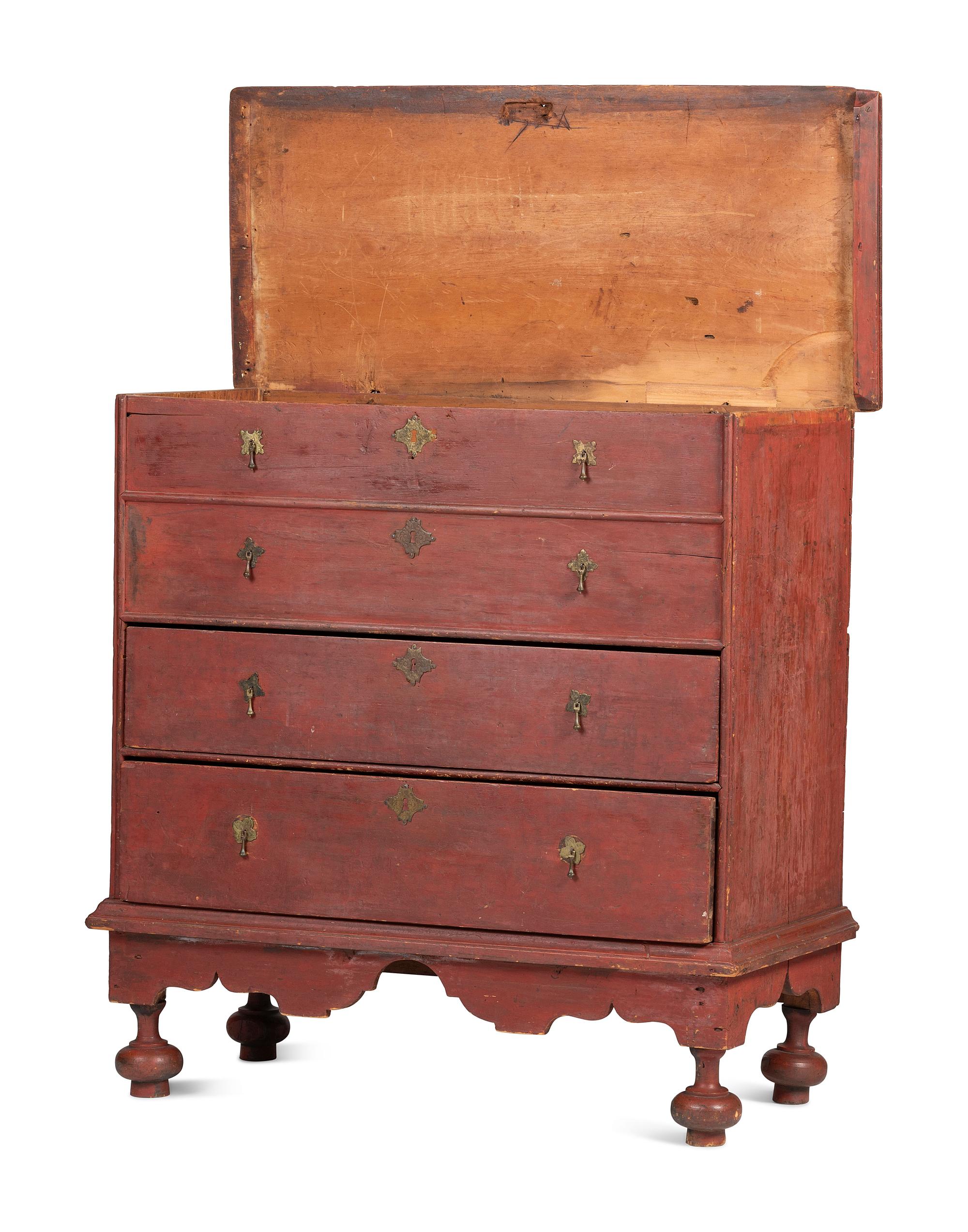 A William and Mary Red Painted Pine Two-Drawer Blanket or Mule Chest