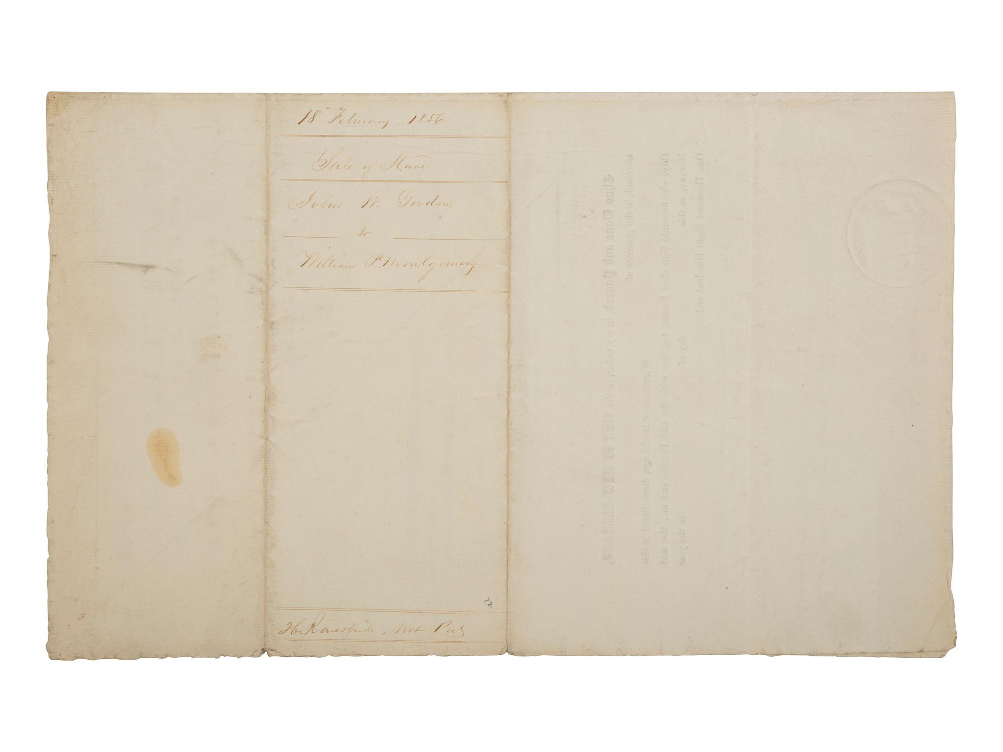 [ENSLAVEMENT & ABOLITION]. Partly printed document recording the sale of a named enslaved female subject from Georgia to William P. Montgomery of Mississippi. New Orleans, LA, 18 February 1856.