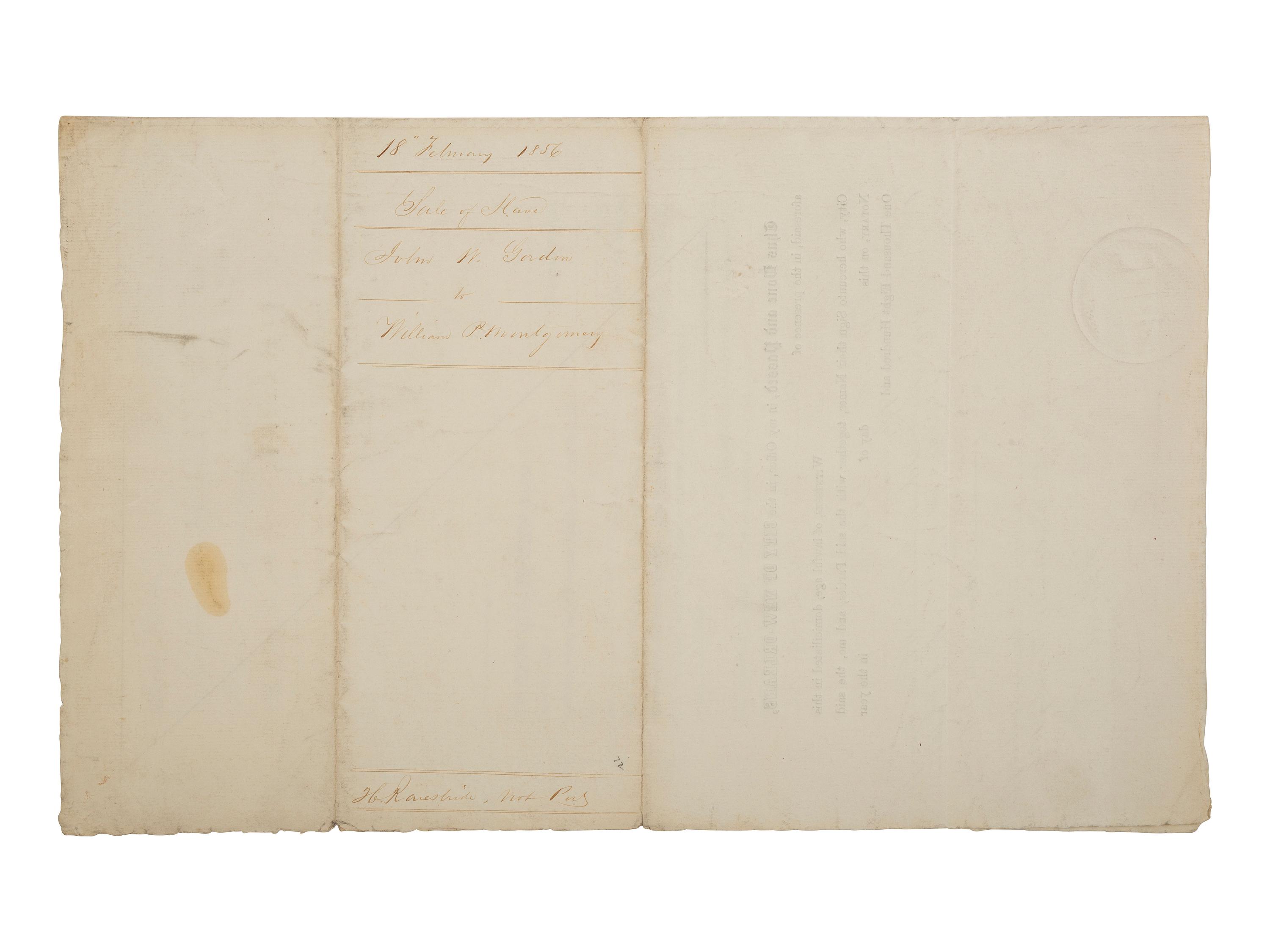 [ENSLAVEMENT & ABOLITION]. Partly printed document recording the sale of a named enslaved female subject from Georgia to William P. Montgomery of Mississippi. New Orleans, LA, 18 February 1856.