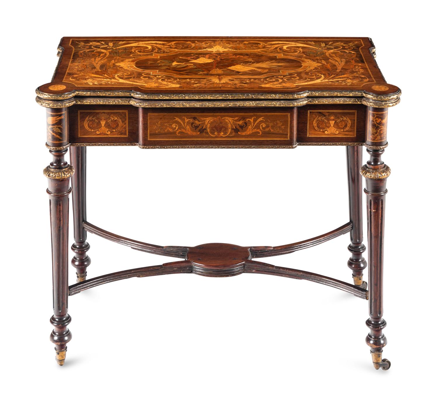 A Napoleon III Style Gilt Bronze Mounted Mahogany and Marquetry Flip-Top Game Table