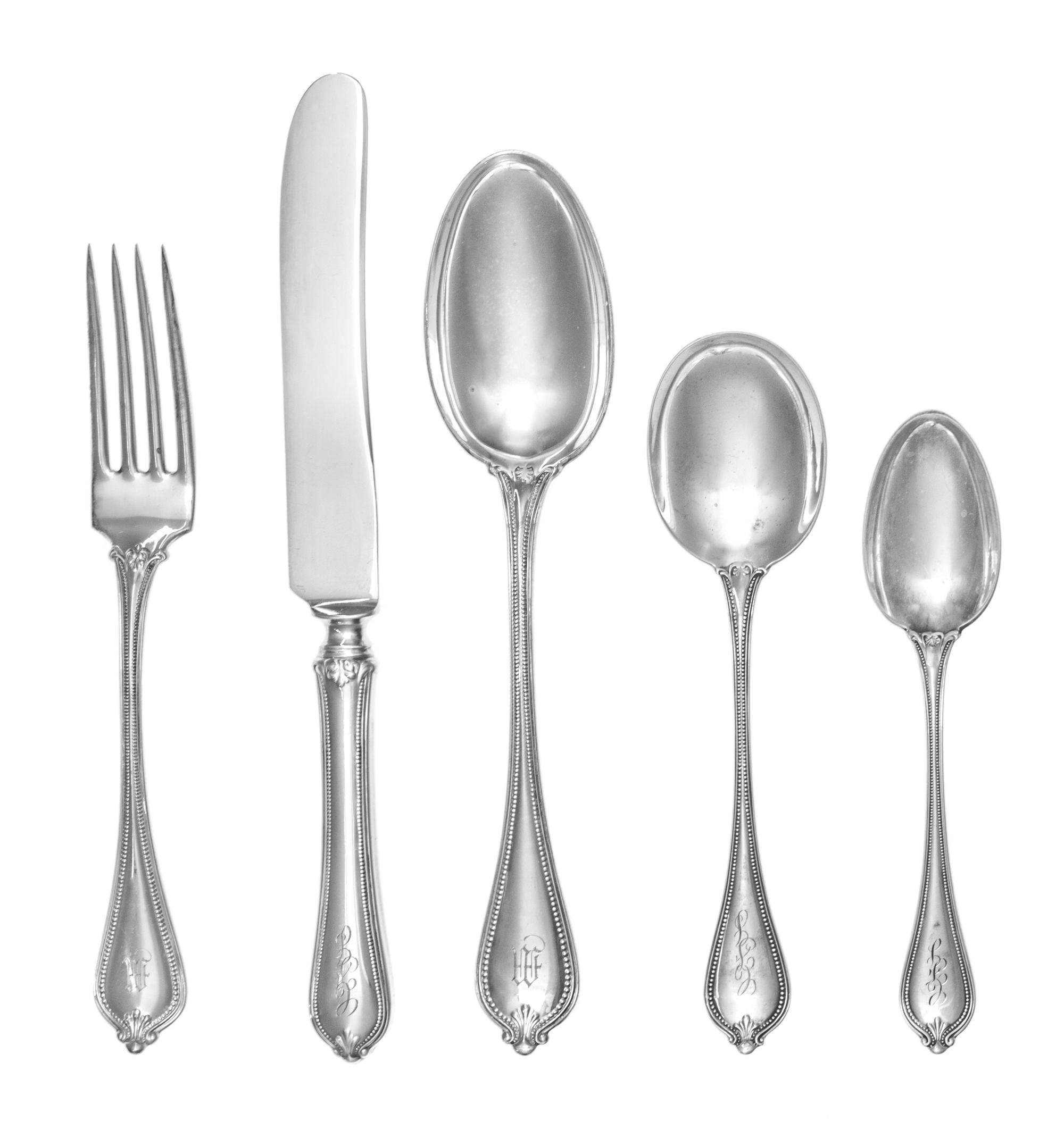 An American Silver Flatware Service, Towle Silversmiths, Newburyport, MA, Old Newbury Pattern, comprising: 12 dinner knives 18 luncheon