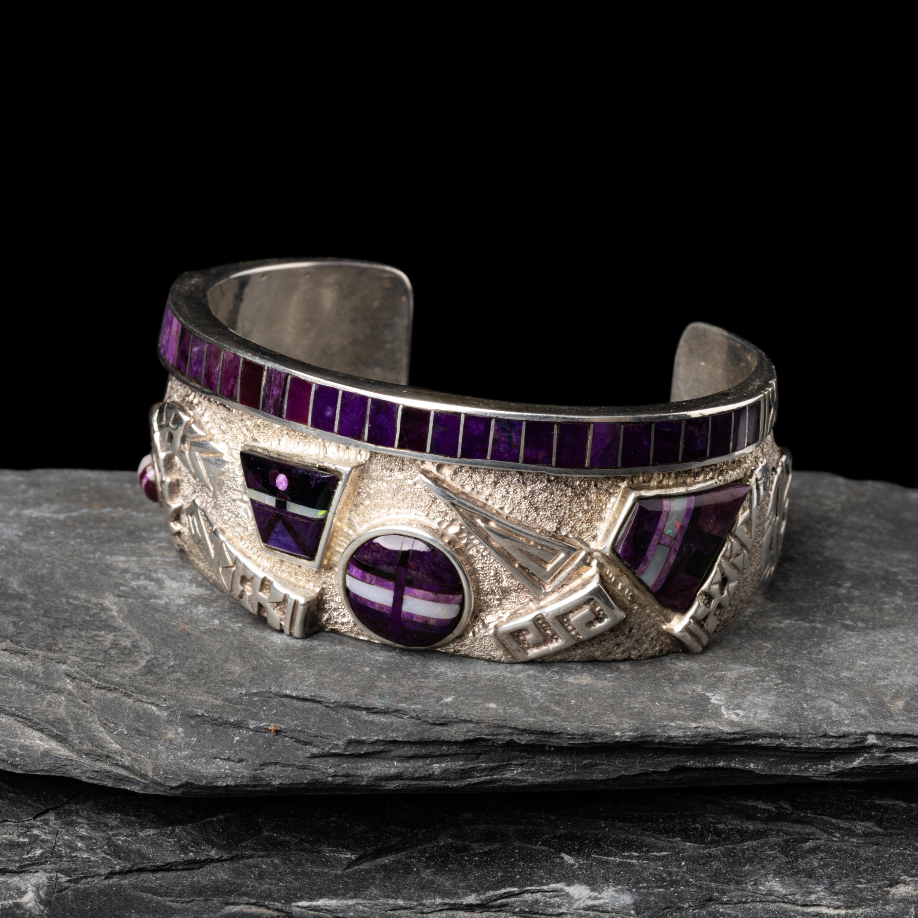 Andy Lee Kirk (Diné, 1947-2001) — Silver, Sugilite, and Opal Cuff Bracelet