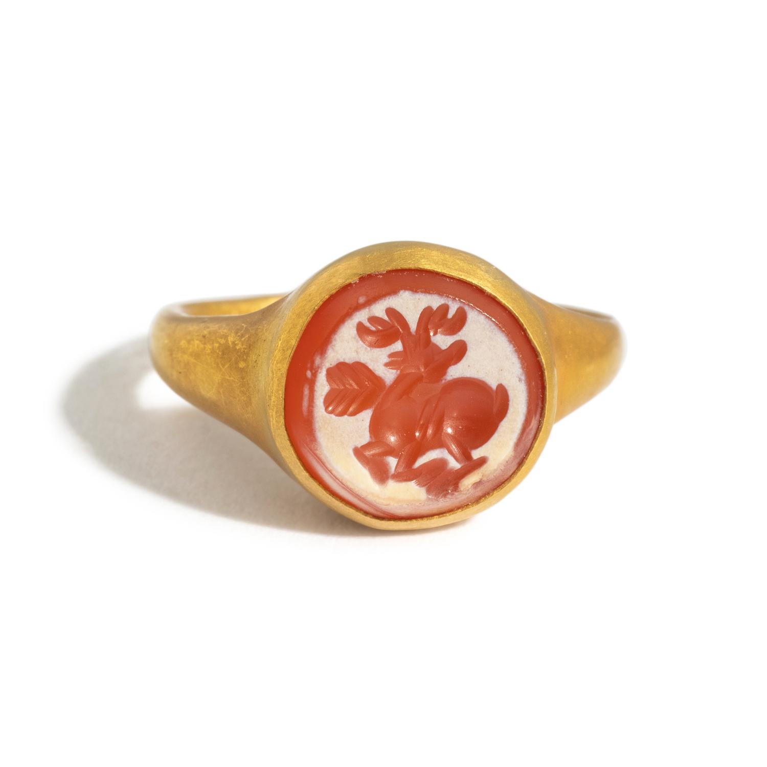 An Eastern Roman Gold and Carnelian Finger Ring with a Stag