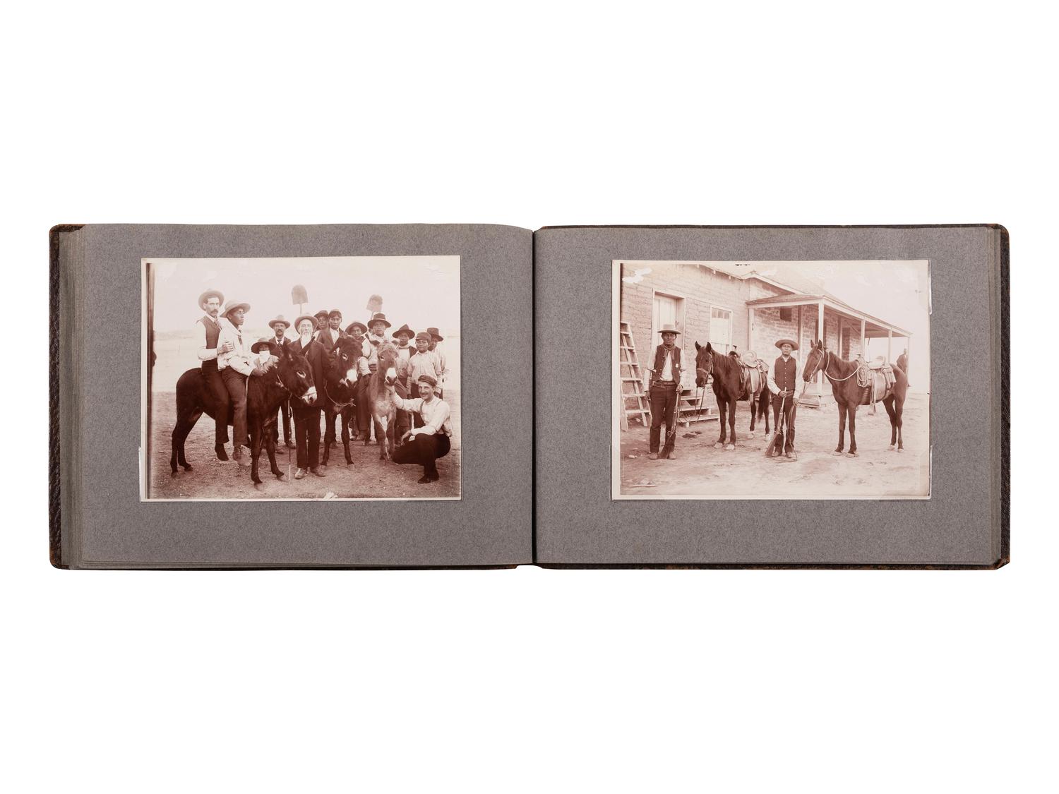 [NATIVE AMERICANS]. JONES, John Edward (1863-1922), photographer. Album containing 50 photographs of the San Carlos Indian Agency, including Apache civilians and police, agency buildings and dwellings, and scenic views. Ca 1904.