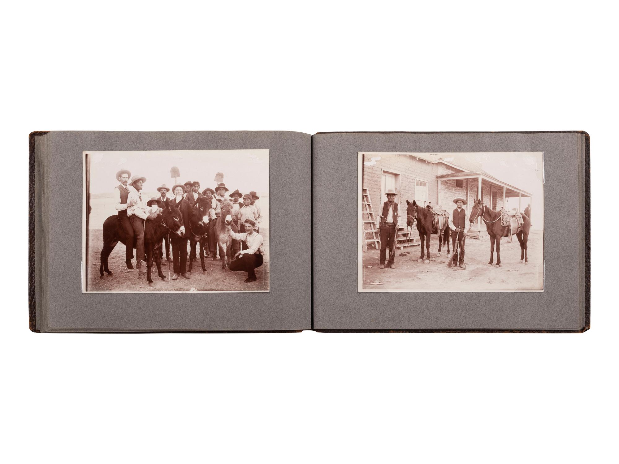 [NATIVE AMERICANS]. JONES, John Edward (1863-1922), photographer. Album containing 50 photographs of the San Carlos Indian Agency, including Apache civilians and police, agency buildings and dwellings, and scenic views. Ca 1904.