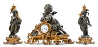 A Large French Gilt and Patinated Bronze Clock Garniture Height of mantel clock 24 x width 31 inches. — LATE 19TH CENTURY