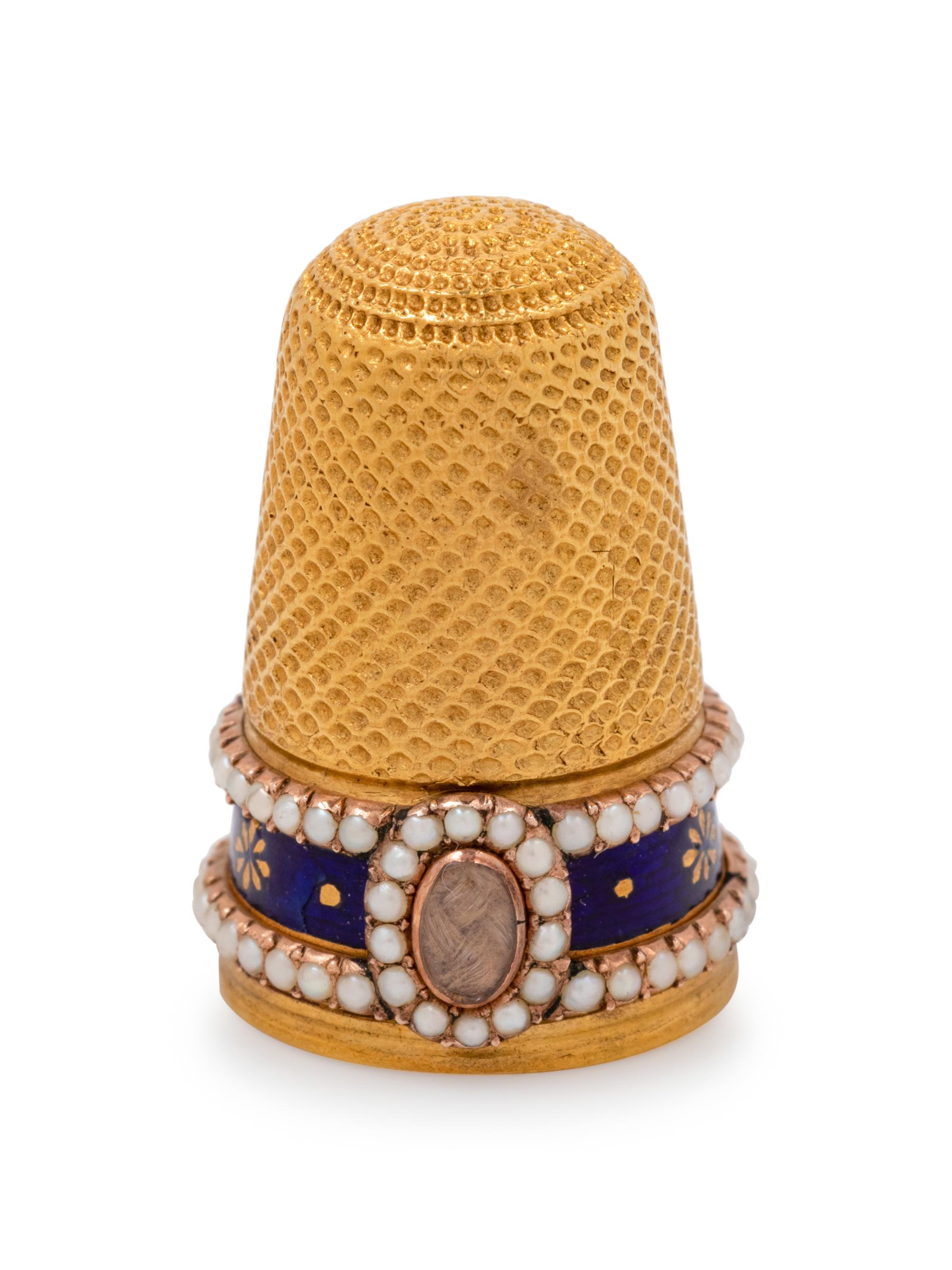 A Georgian Yellow Gold, Enamel and Pearl-Inset 'Mourning' Thimble