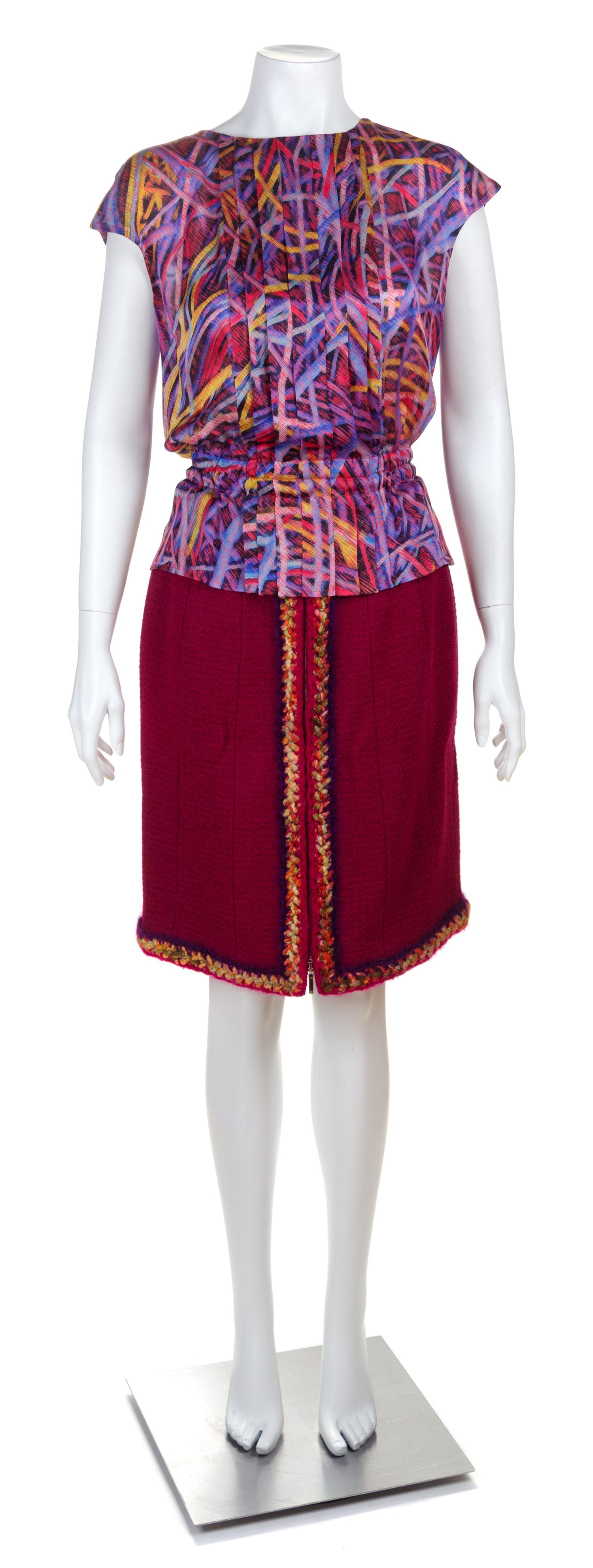 A Chanel Raspberry Wool Boucle Skirt Suit Ensemble, Size 40.