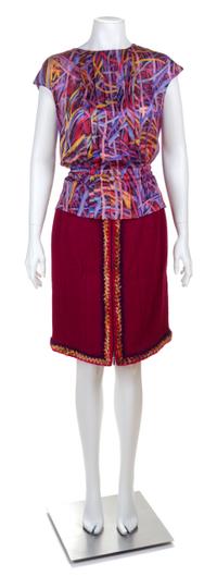 A Chanel Raspberry Wool Boucle Skirt Suit Ensemble, Size 40.