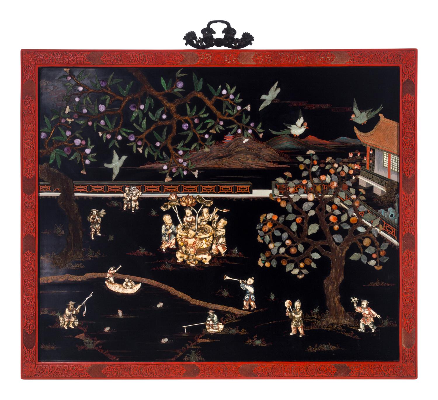 A Chinese Black and Cinnabar Lacquered and Hardstone Inlaid Hanging Screen