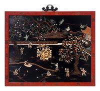 A Chinese Black and Cinnabar Lacquered and Hardstone Inlaid Hanging Screen