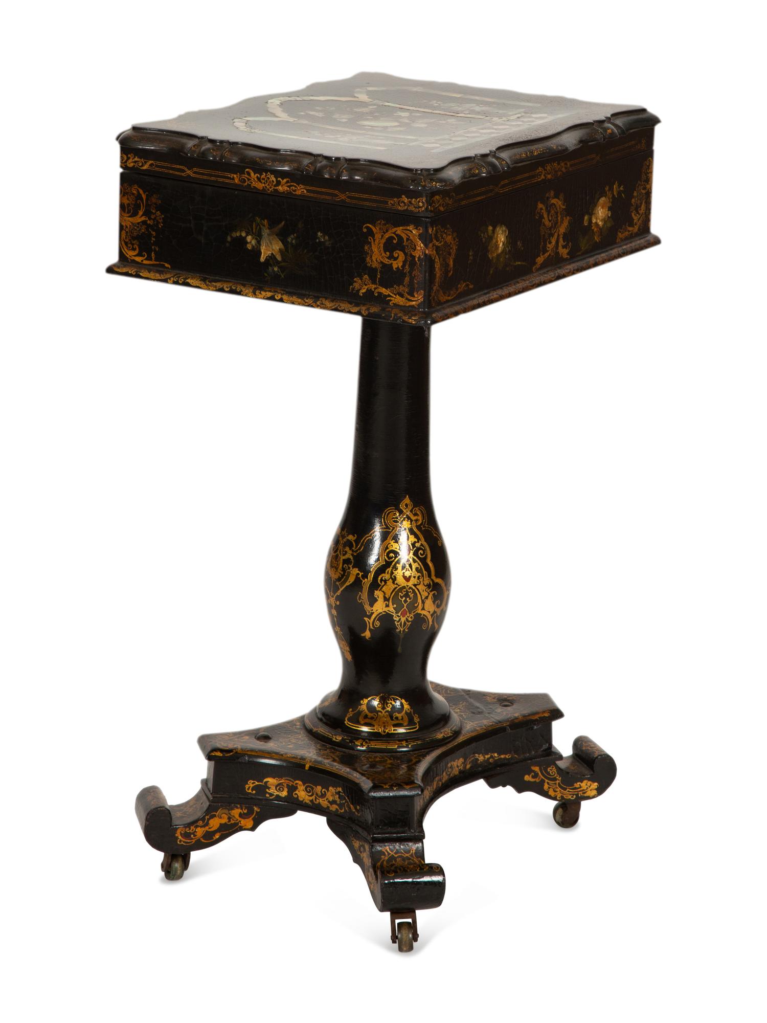 An English Victorian Black and Gilt Chinoiserie Sewing Table with Mother-of-Pearl Inlay