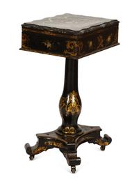 An English Victorian Black and Gilt Chinoiserie Sewing Table with Mother-of-Pearl Inlay