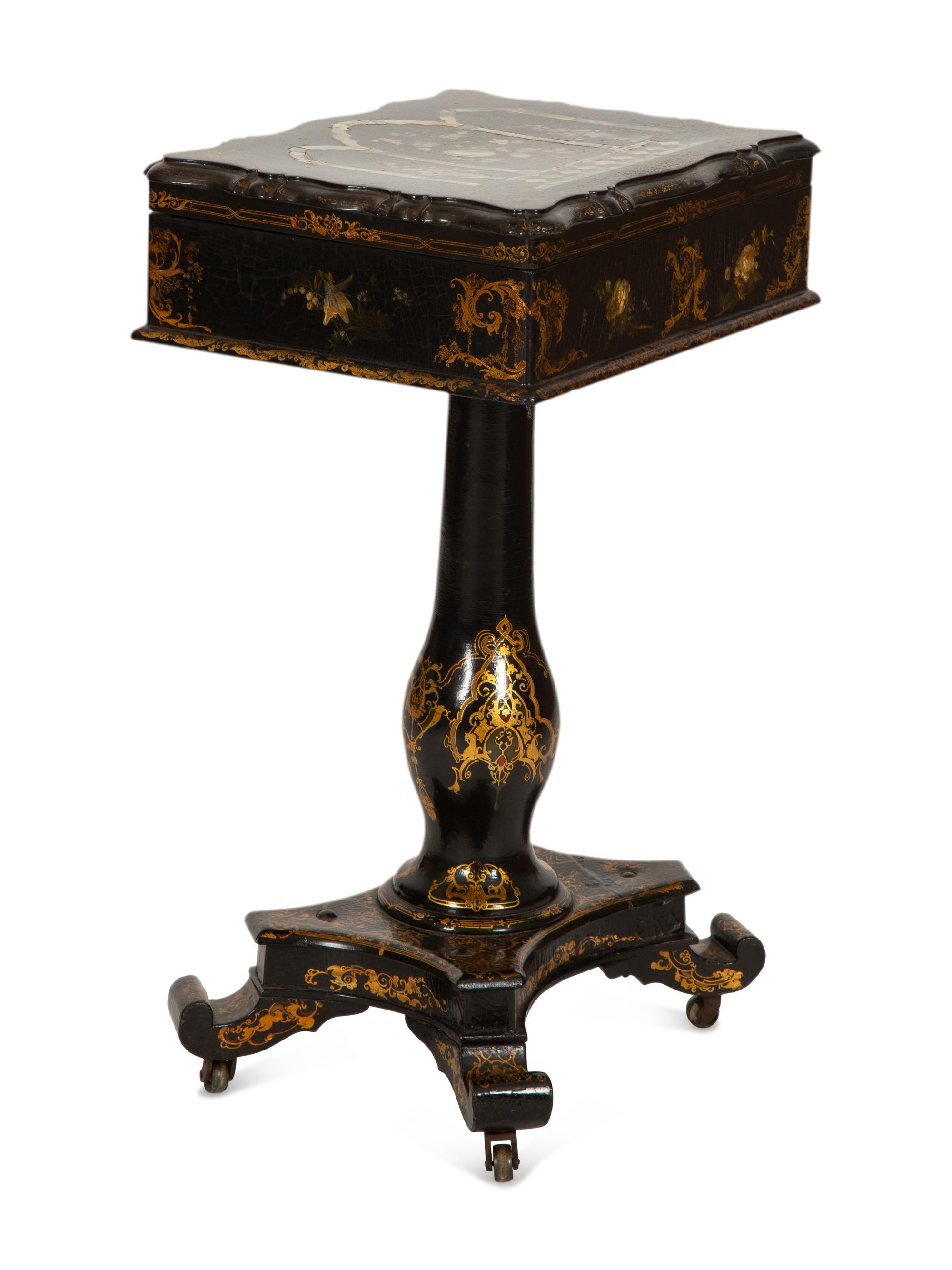 An English Victorian Black and Gilt Chinoiserie Sewing Table with Mother-of-Pearl Inlay