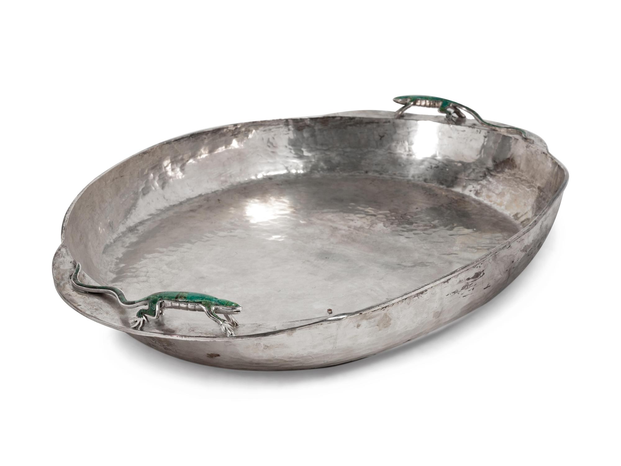 A Mexican Hardstone-Mounted Silver-Plate Tray