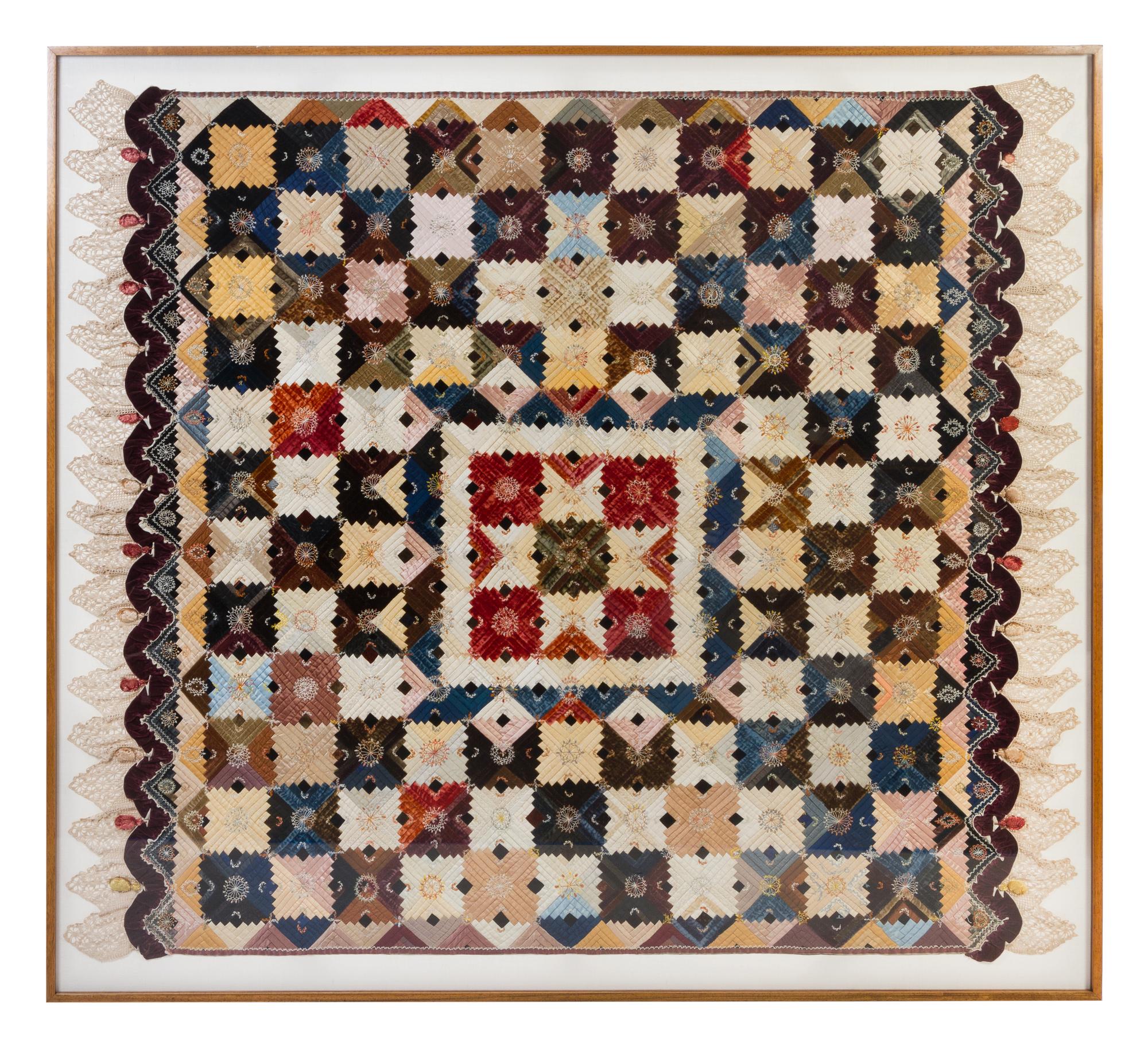 An American Silk, Velvet and Linen Patchwork Quilt Height 88 1/2 x width 66 inches. — LATE 19TH CENTURY