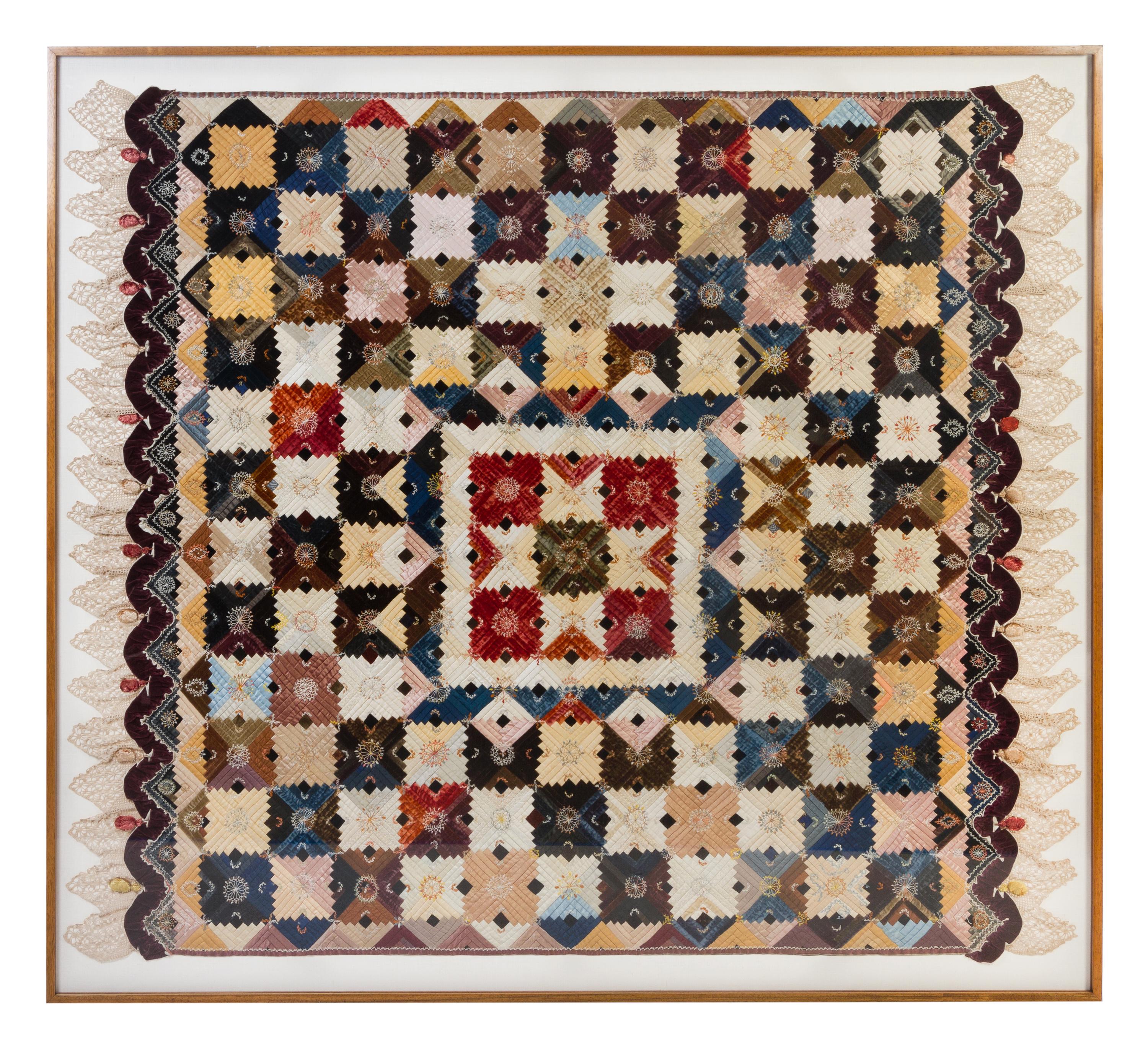 An American Silk, Velvet and Linen Patchwork Quilt Height 88 1/2 x width 66 inches. — LATE 19TH CENTURY