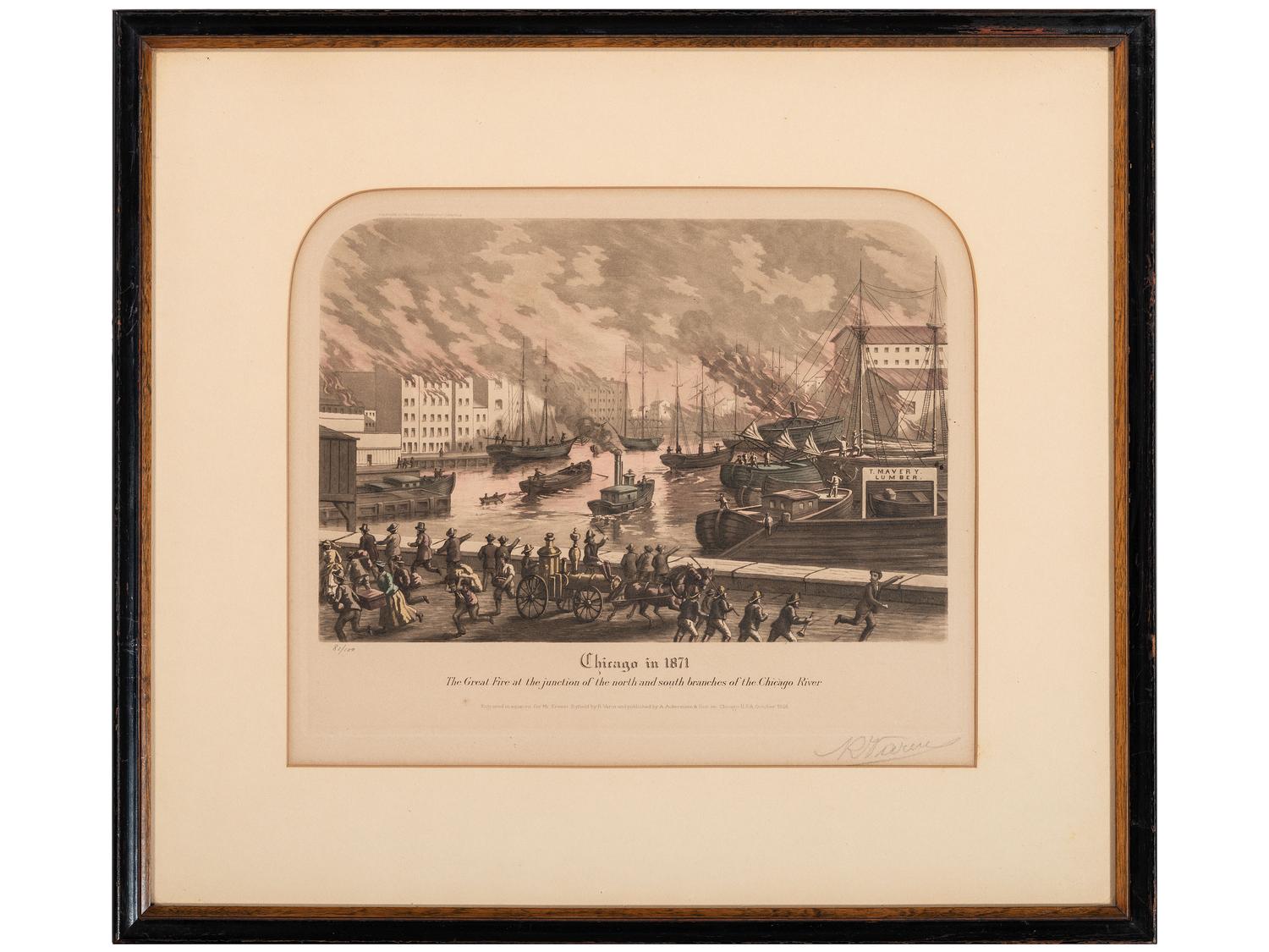[CHICAGO]. A group of 2 items involving the Great Chicago Fire of 1871, incl. Waukegan Gazette--Extra . 12 October 1871. [ With :] Great Fire aquatint.