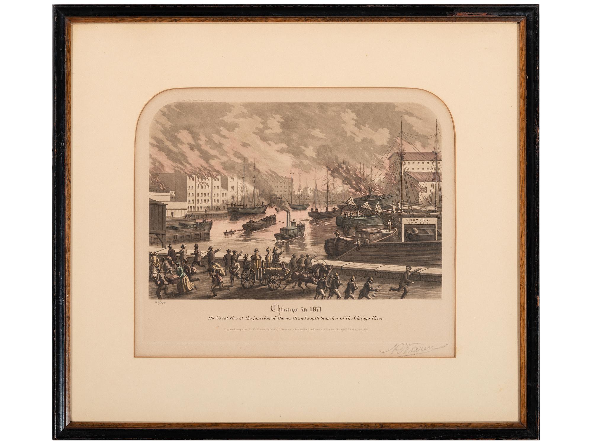 [CHICAGO]. A group of 2 items involving the Great Chicago Fire of 1871, incl. Waukegan Gazette--Extra . 12 October 1871. [ With :] Great Fire aquatint.