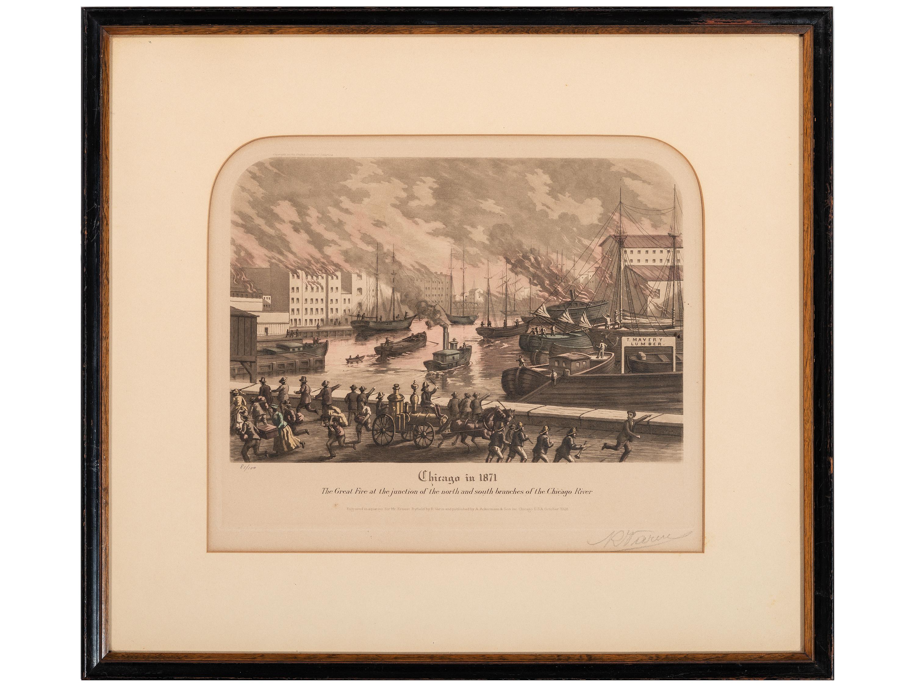 [CHICAGO]. A group of 2 items involving the Great Chicago Fire of 1871, incl. Waukegan Gazette--Extra . 12 October 1871. [ With :] Great Fire aquatint.