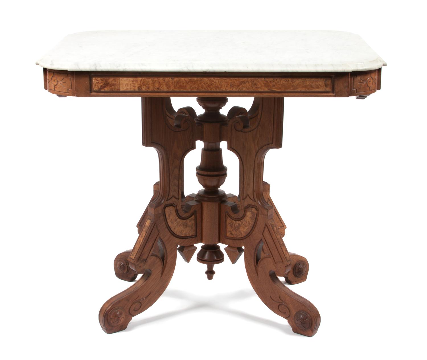 A Victorian Burlwood Parlor Table Height 28 1/2 x width 33 x depth 24 inches. — 19TH CENTURY