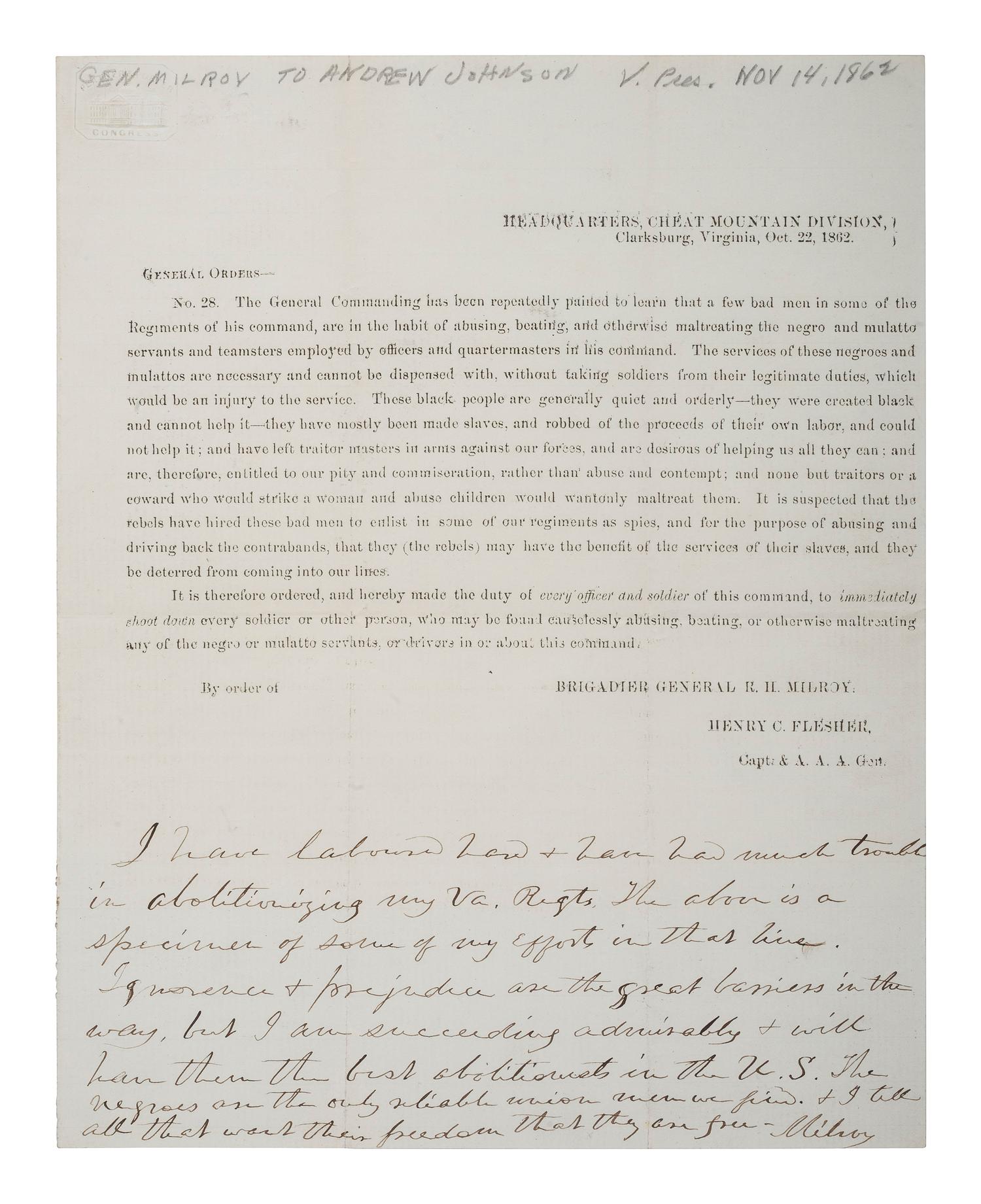 MILROY, Robert Huston (1816-1890). General Orders No. 28. Clarksburg, VA, 22 October 1862, with autograph note signed ("Milroy") at foot. [ With :] SIGNED CDV portrait of General Milroy. N.p.: Taylor & Seavey, n.d.