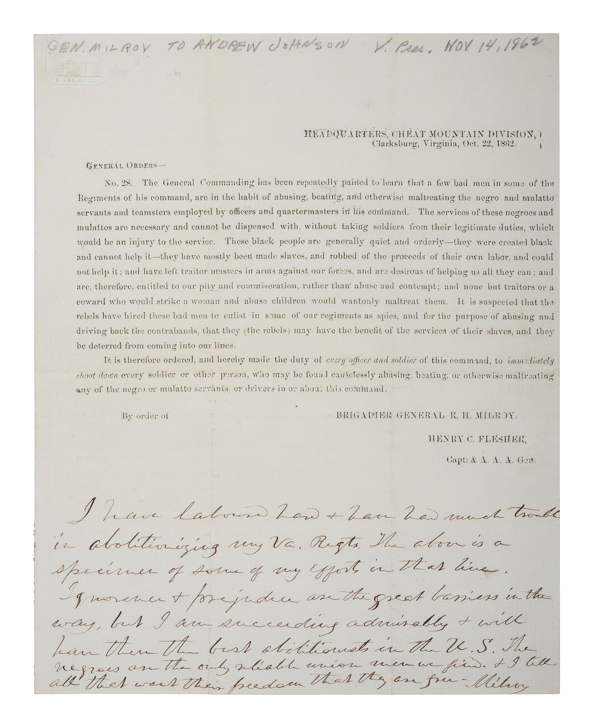 MILROY, Robert Huston (1816-1890). General Orders No. 28. Clarksburg, VA, 22 October 1862, with autograph note signed ("Milroy") at foot. [ With :] SIGNED CDV portrait of General Milroy. N.p.: Taylor & Seavey, n.d.