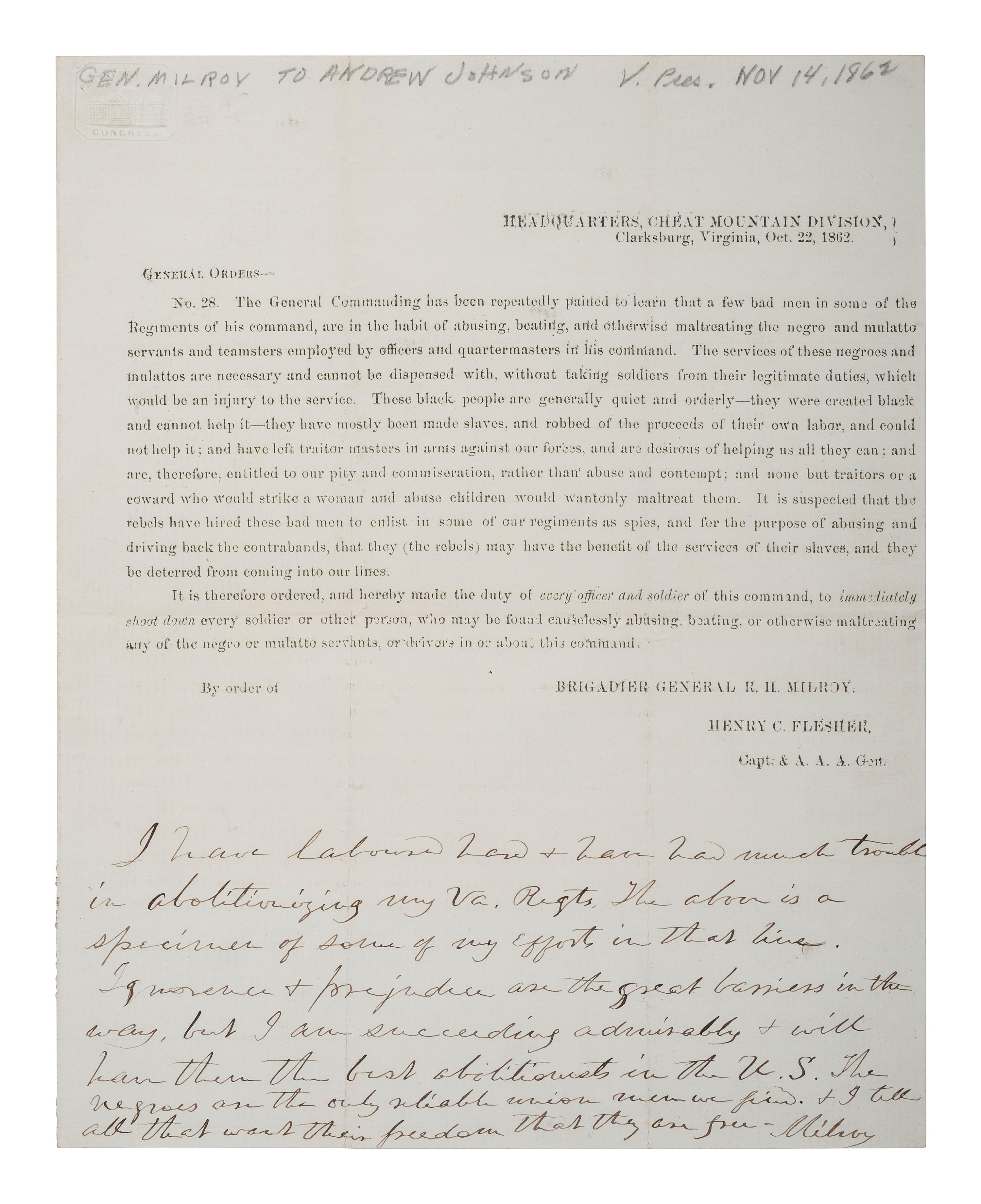 MILROY, Robert Huston (1816-1890). General Orders No. 28. Clarksburg, VA, 22 October 1862, with autograph note signed ("Milroy") at foot. [ With :] SIGNED CDV portrait of General Milroy. N.p.: Taylor & Seavey, n.d.