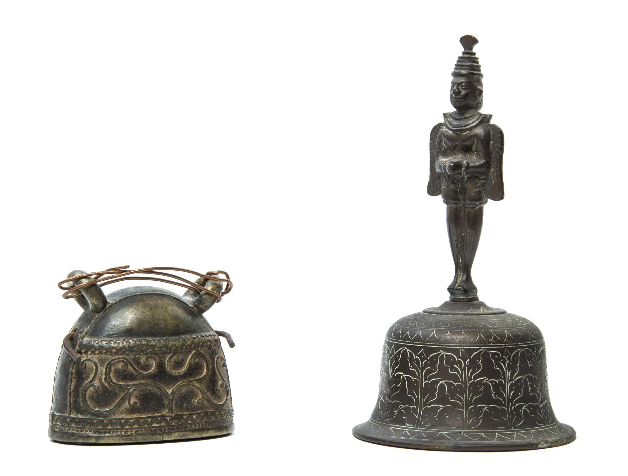 Two Indian Bronze Bells Height of taller 7 1/2 inches.