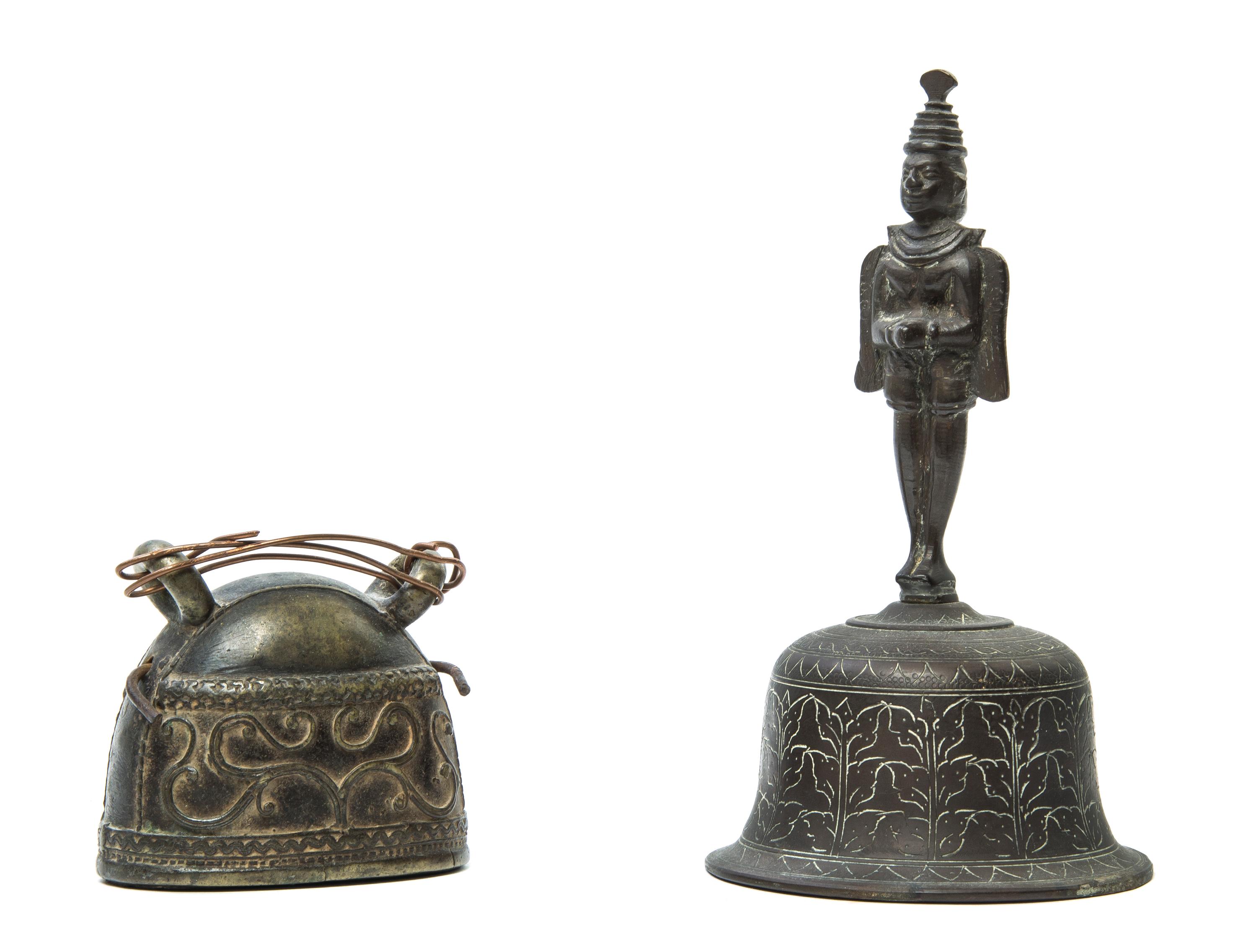 Two Indian Bronze Bells Height of taller 7 1/2 inches.