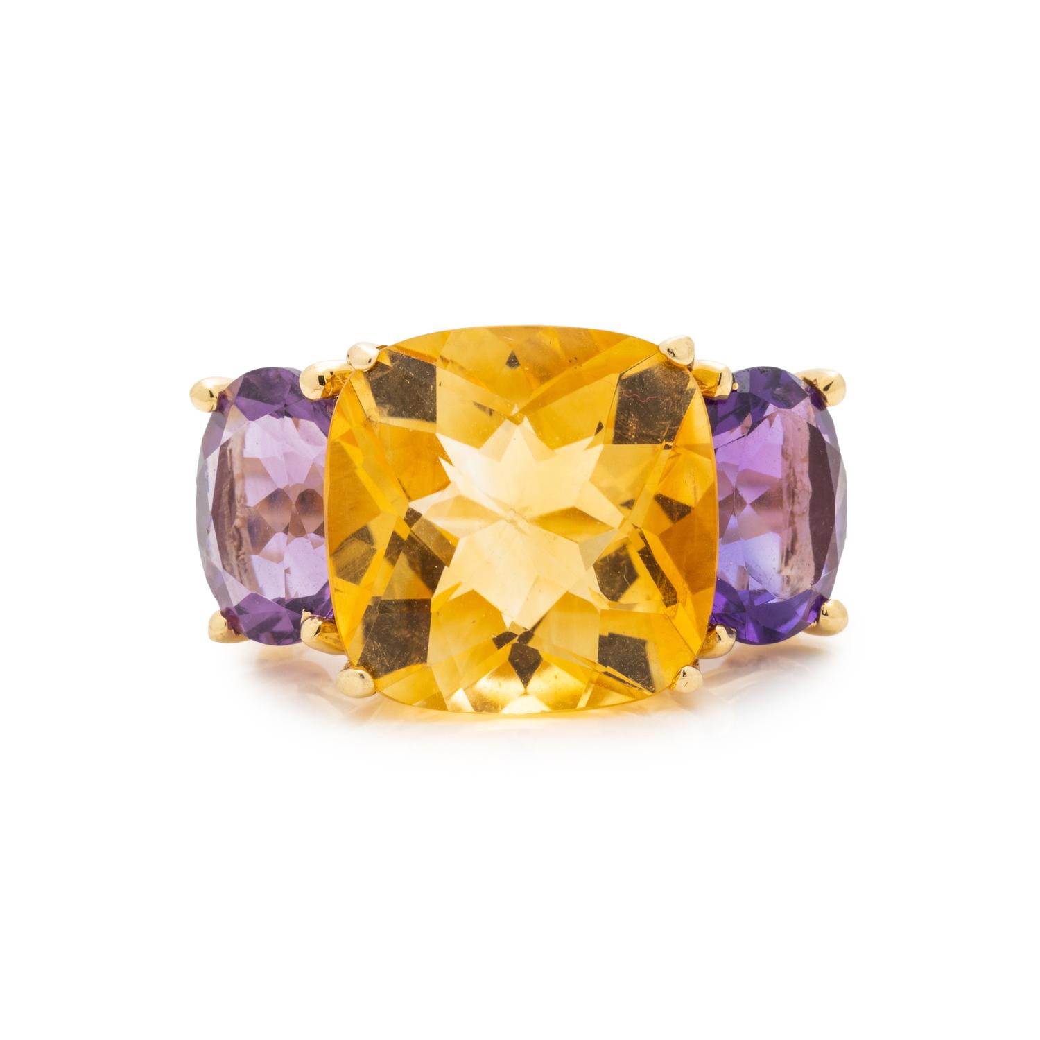 YELLOW GOLD, CITRINE AND AMETHYST RING