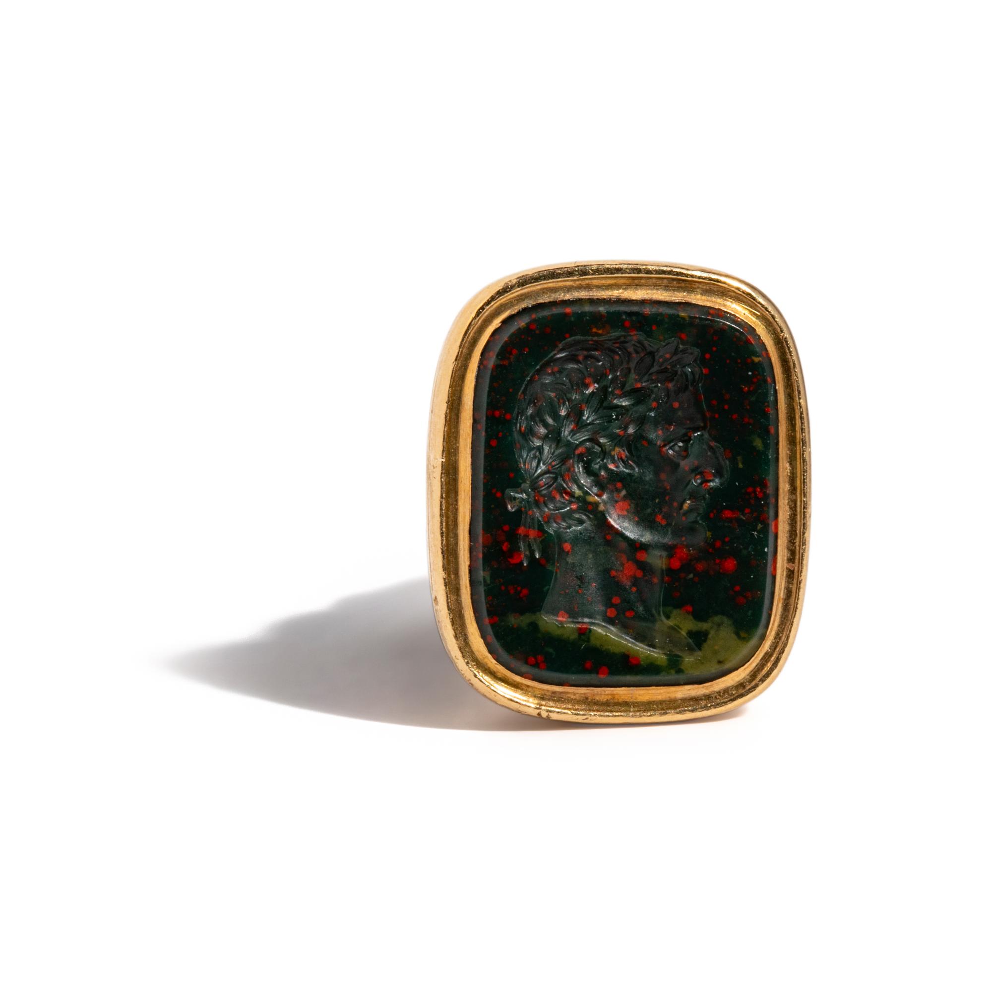 A Neoclassical Gold and Bloodstone Seal Fob with a Portrait Head of the Roman Emperor Tiberius.